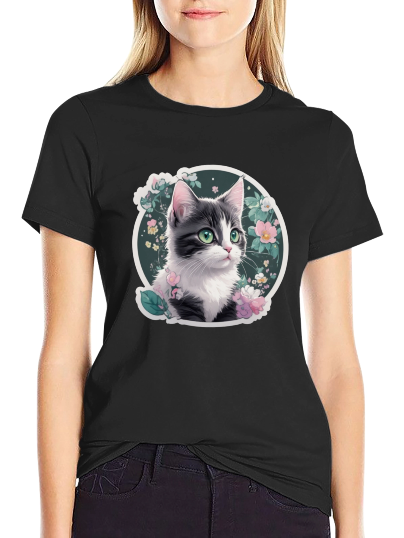 Floral Cat T-Shirt: Cute Kitten Design