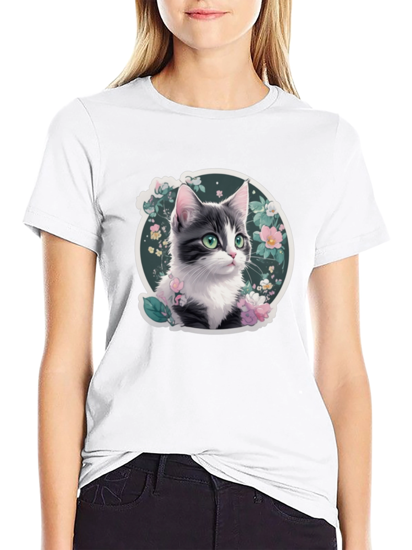 Floral Cat T-Shirt: Cute Kitten Design