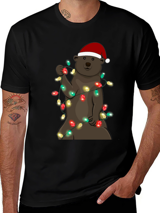 Festive Bear T-Shirt with Christmas Lights & Santa Hat