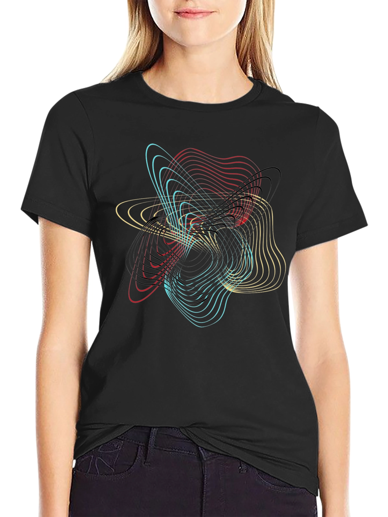 Abstract Geometric Line Art Black T-Shirt