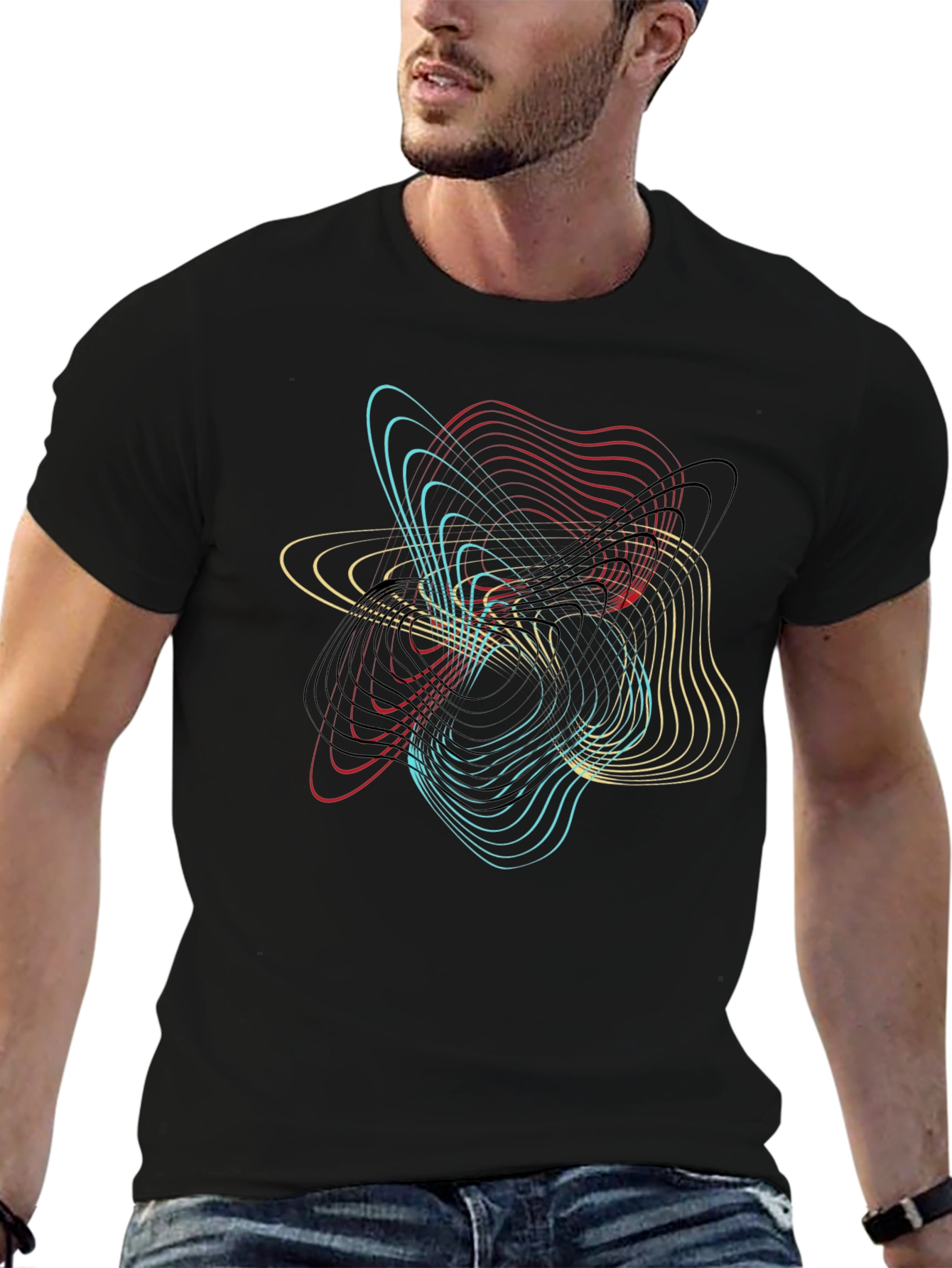 Abstract Geometric Line Art Black T-Shirt
