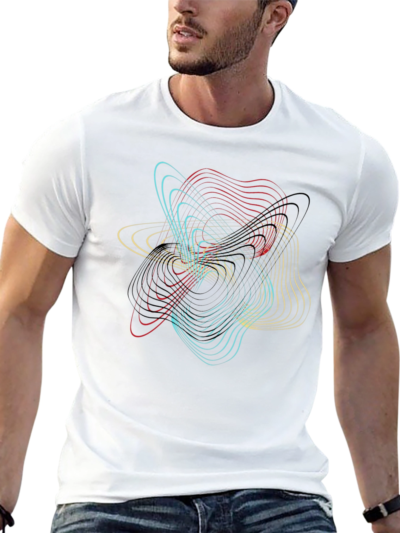 Abstract Geometric Line Art Black T-Shirt