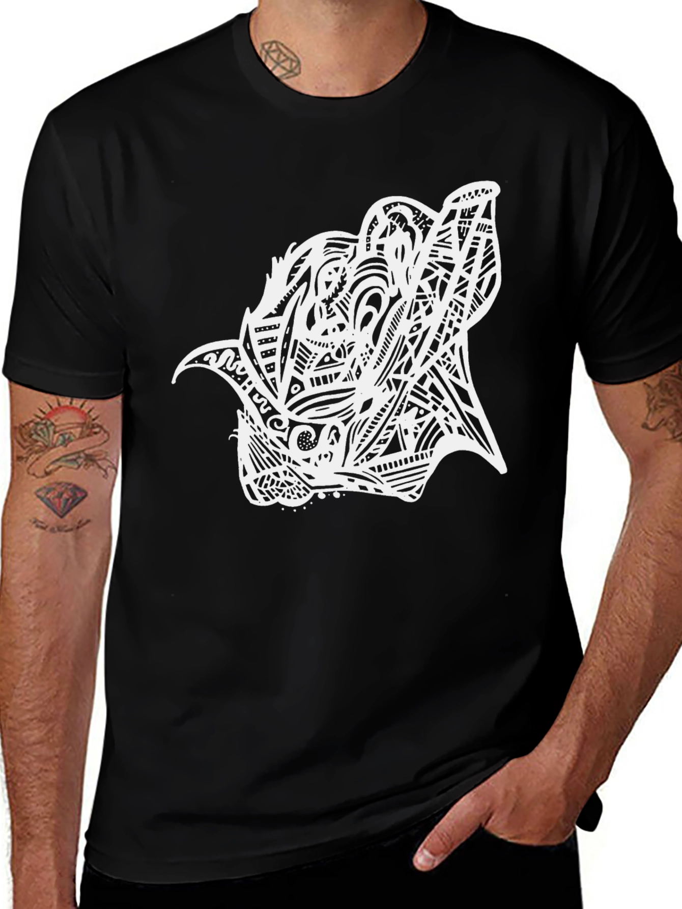 Abstract Wolf Graphic Print Black T-Shirt