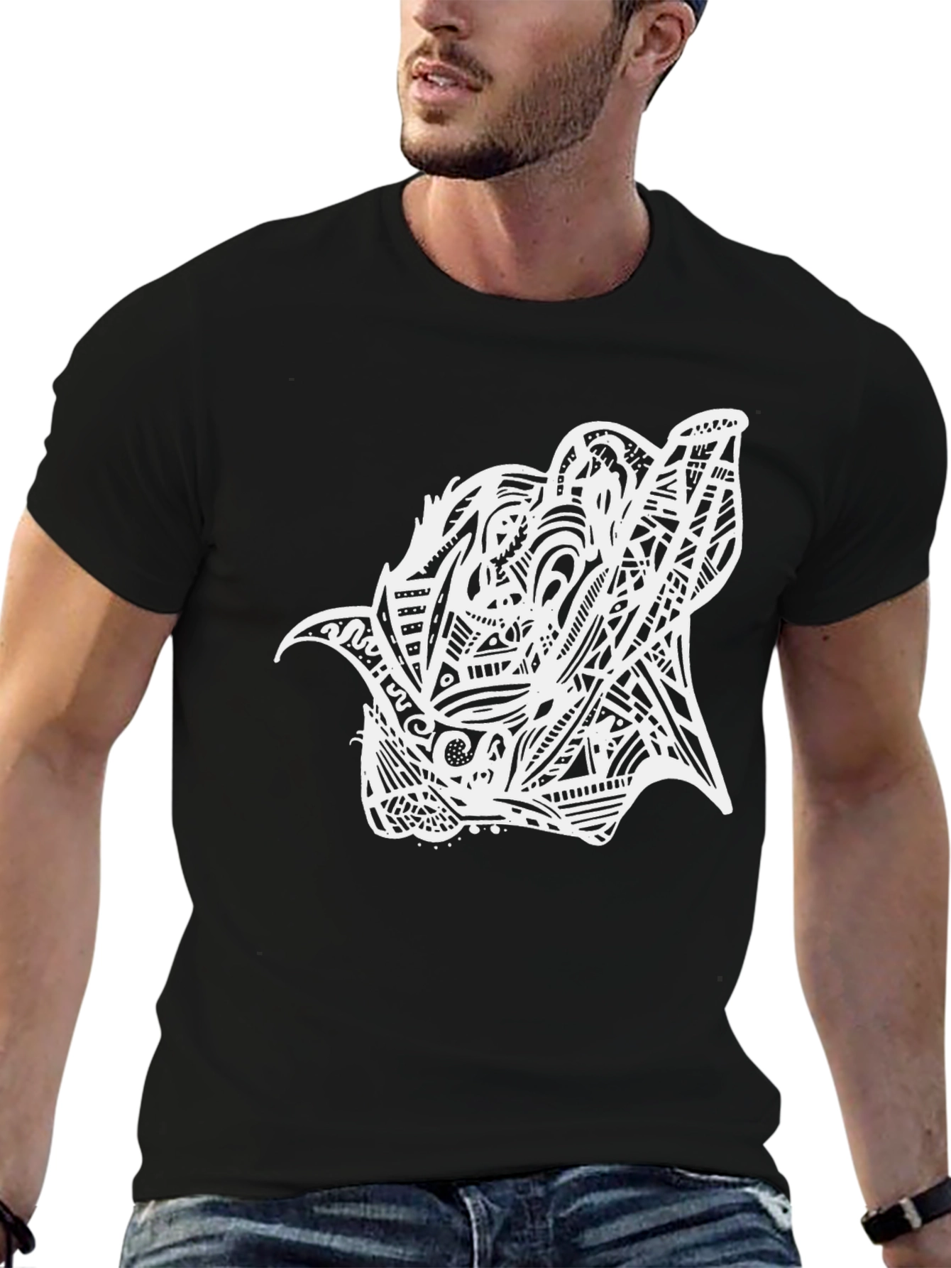 Abstract Wolf Graphic Print Black T-Shirt