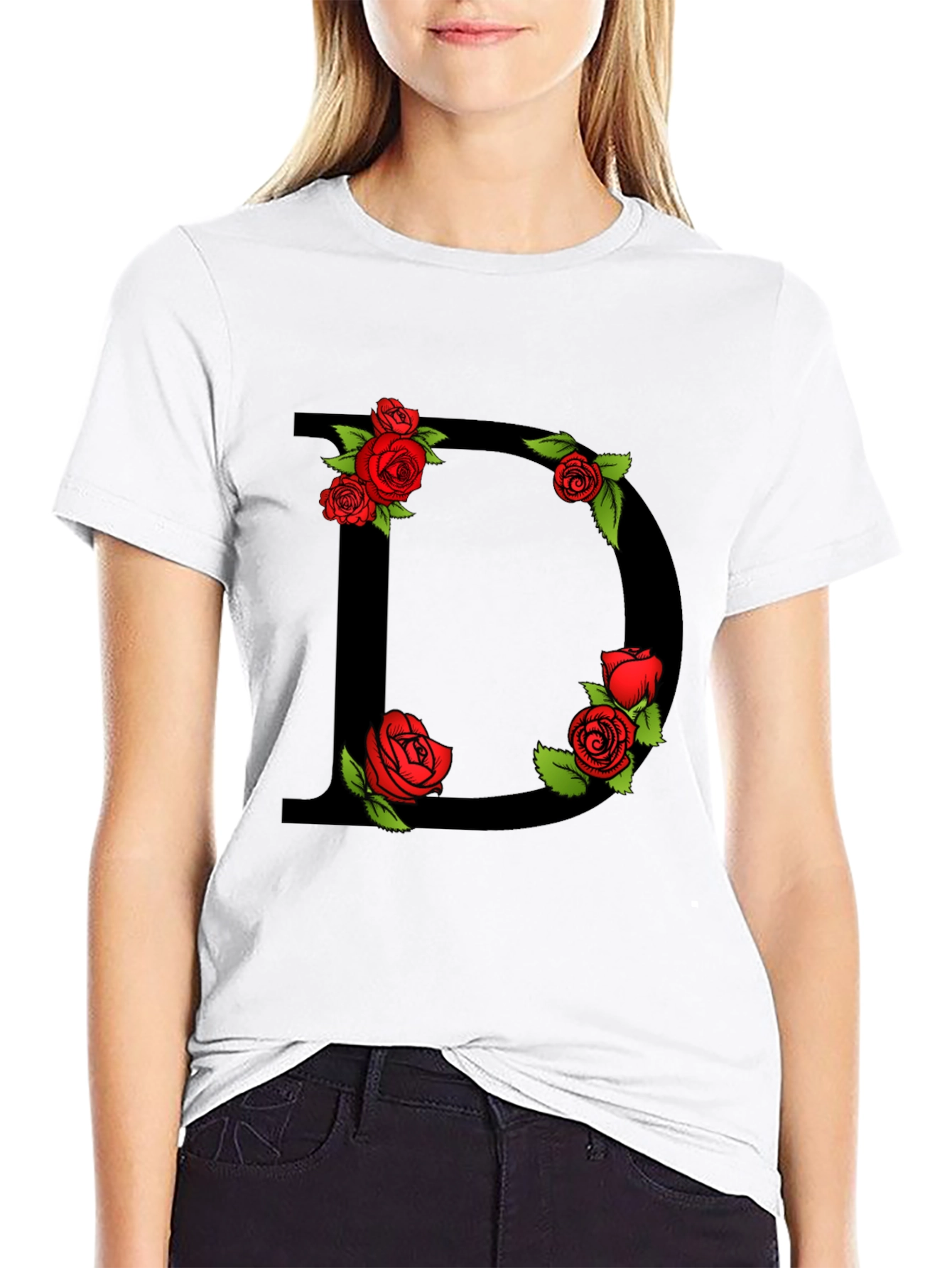 Floral Letter D Graphic Tee - Black