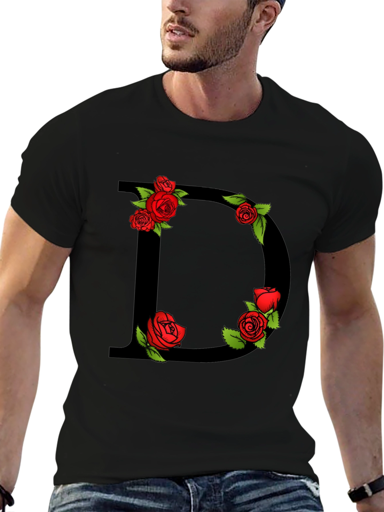 Floral Letter D Graphic Tee - Black