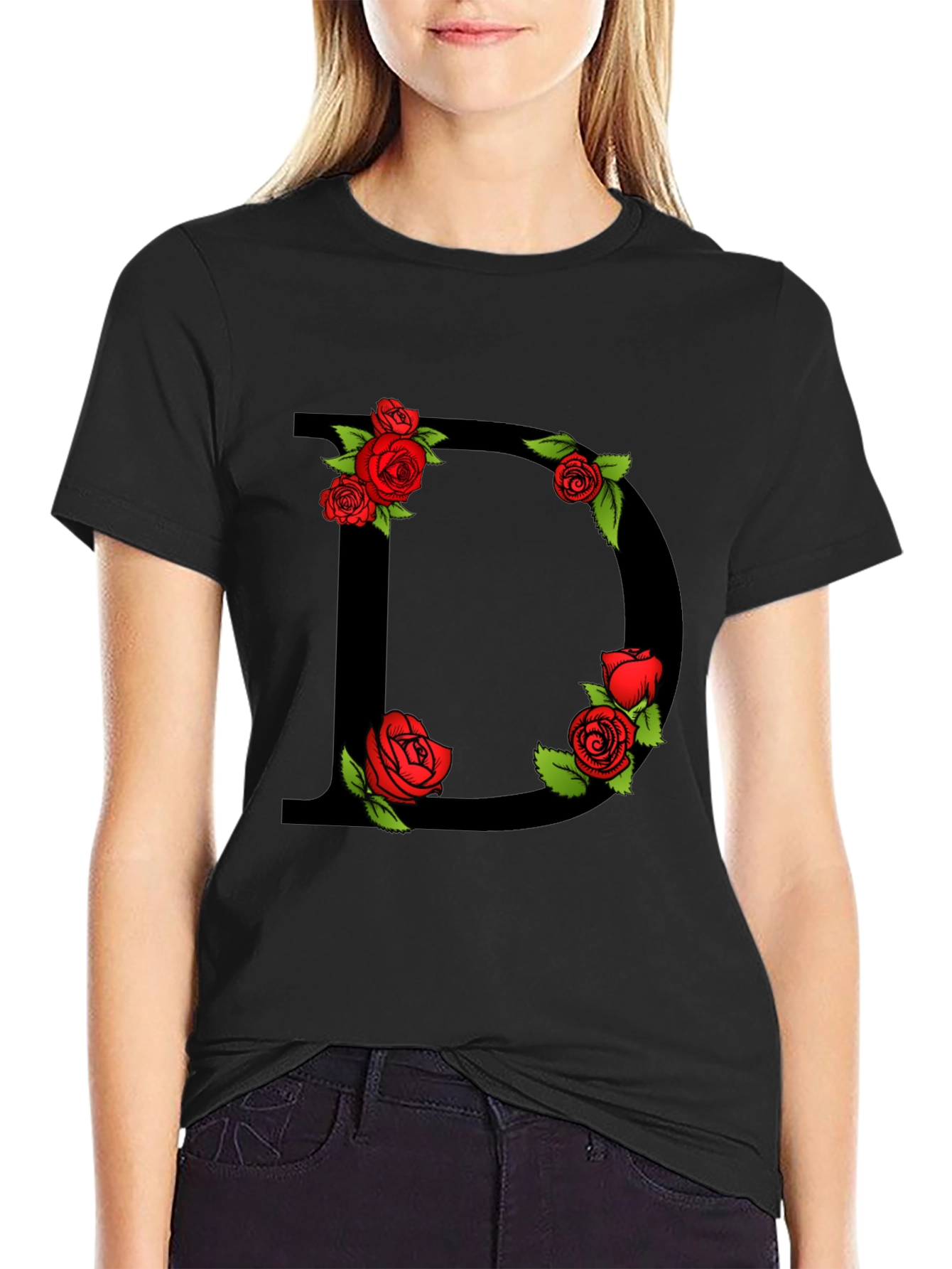 Floral Letter D Graphic Tee - Black
