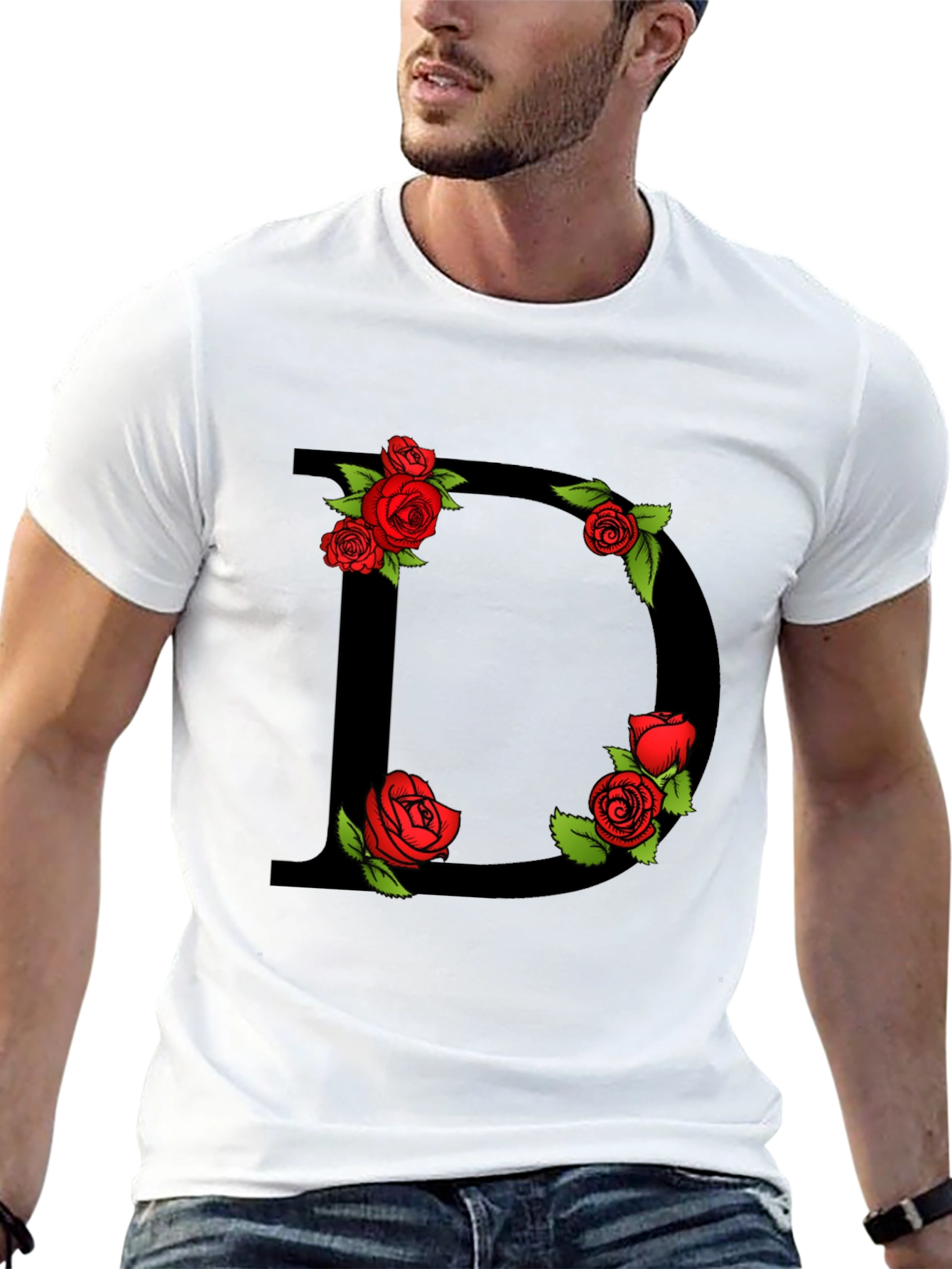 Floral Letter D Graphic Tee - Black