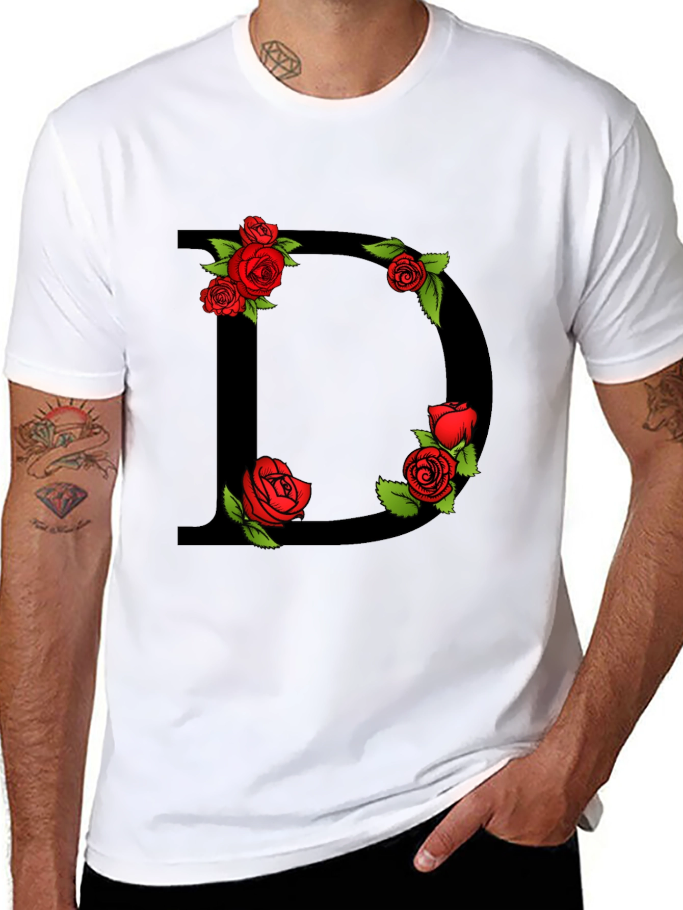 Floral Letter D Graphic Tee - Black