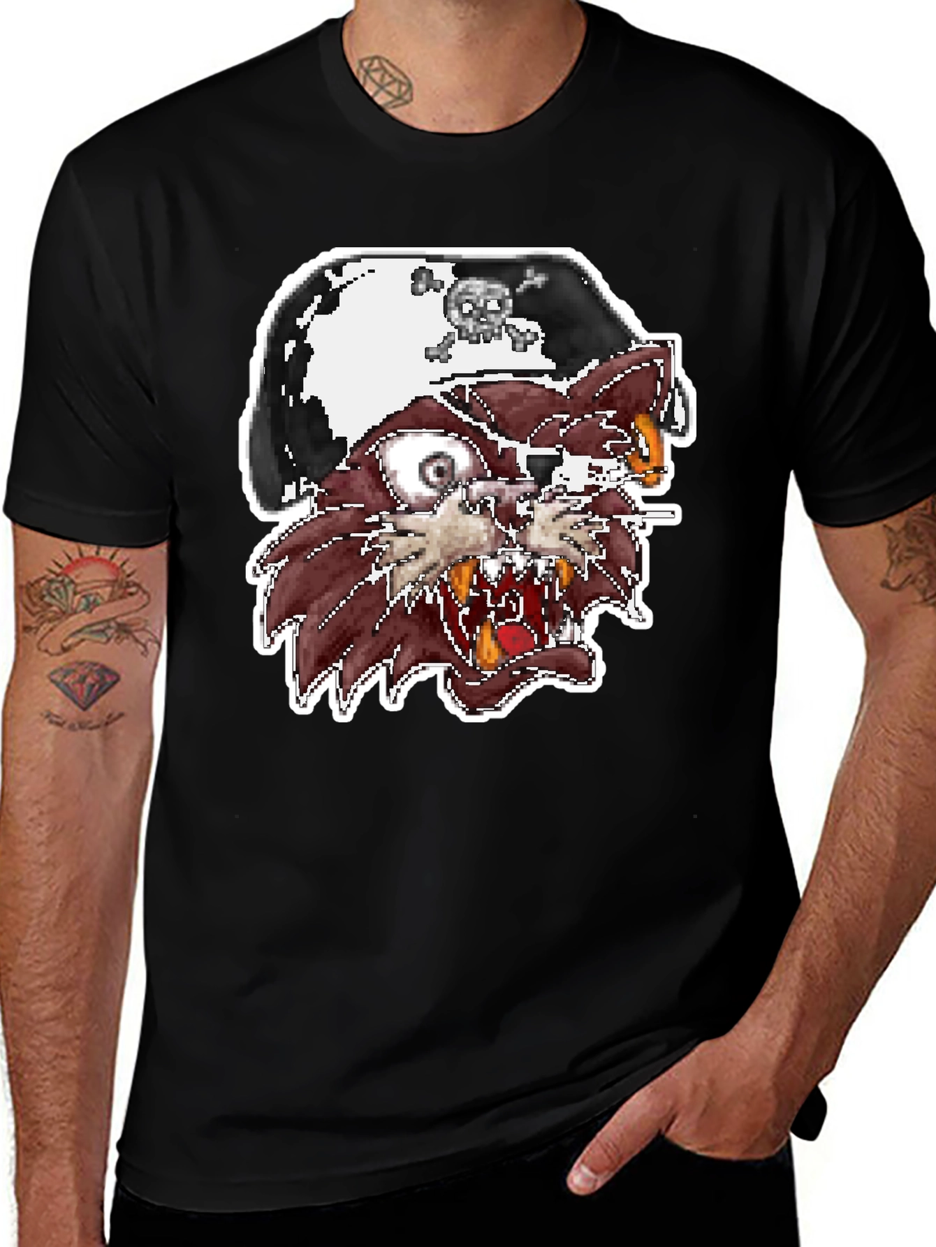 Pirate Cat Graphic T-Shirt - Black Crew Neck Tee