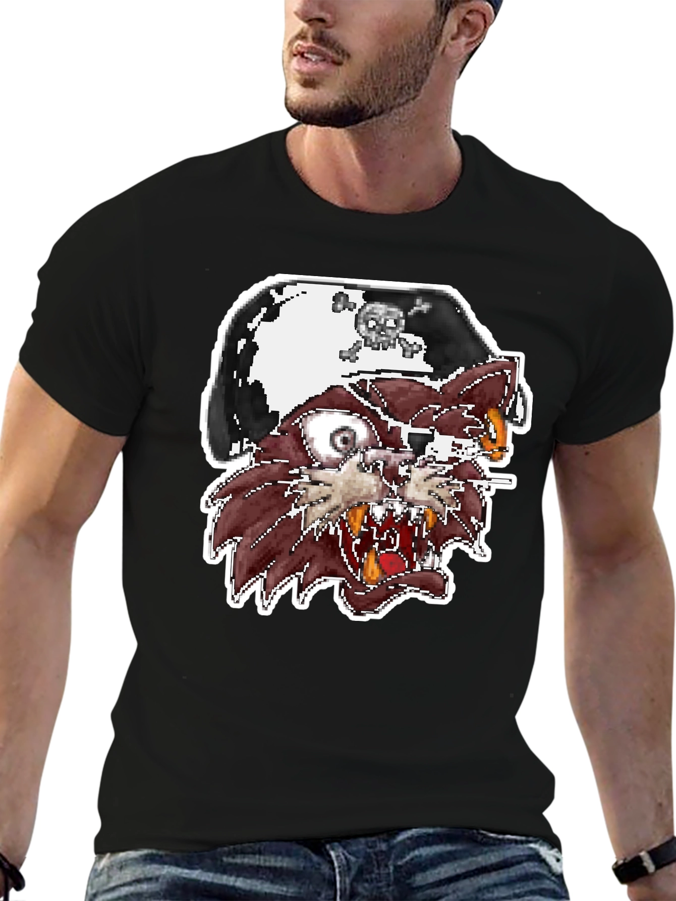 Pirate Cat Graphic T-Shirt - Black Crew Neck Tee