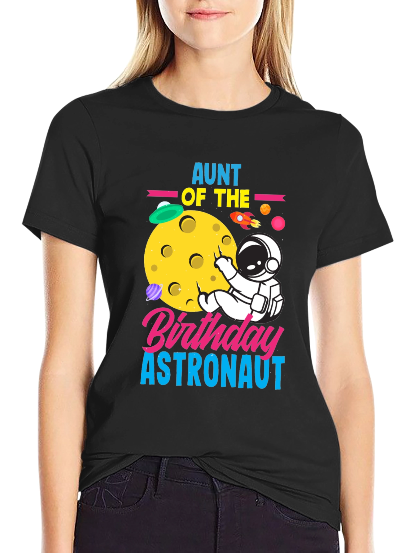 Aunt of the Birthday Astronaut Black T-Shirt