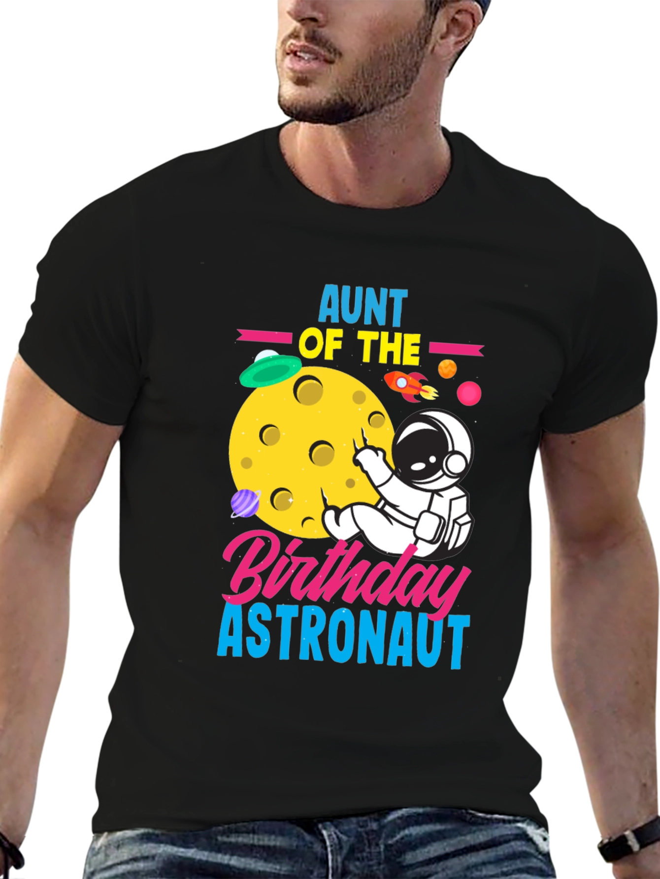 Aunt of the Birthday Astronaut Black T-Shirt