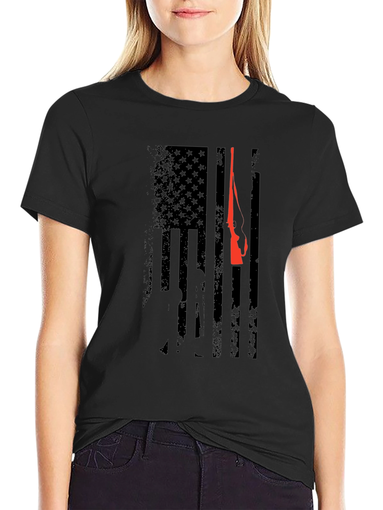 Patriotic Hunting Rifle American Flag Graphic T-Shirt