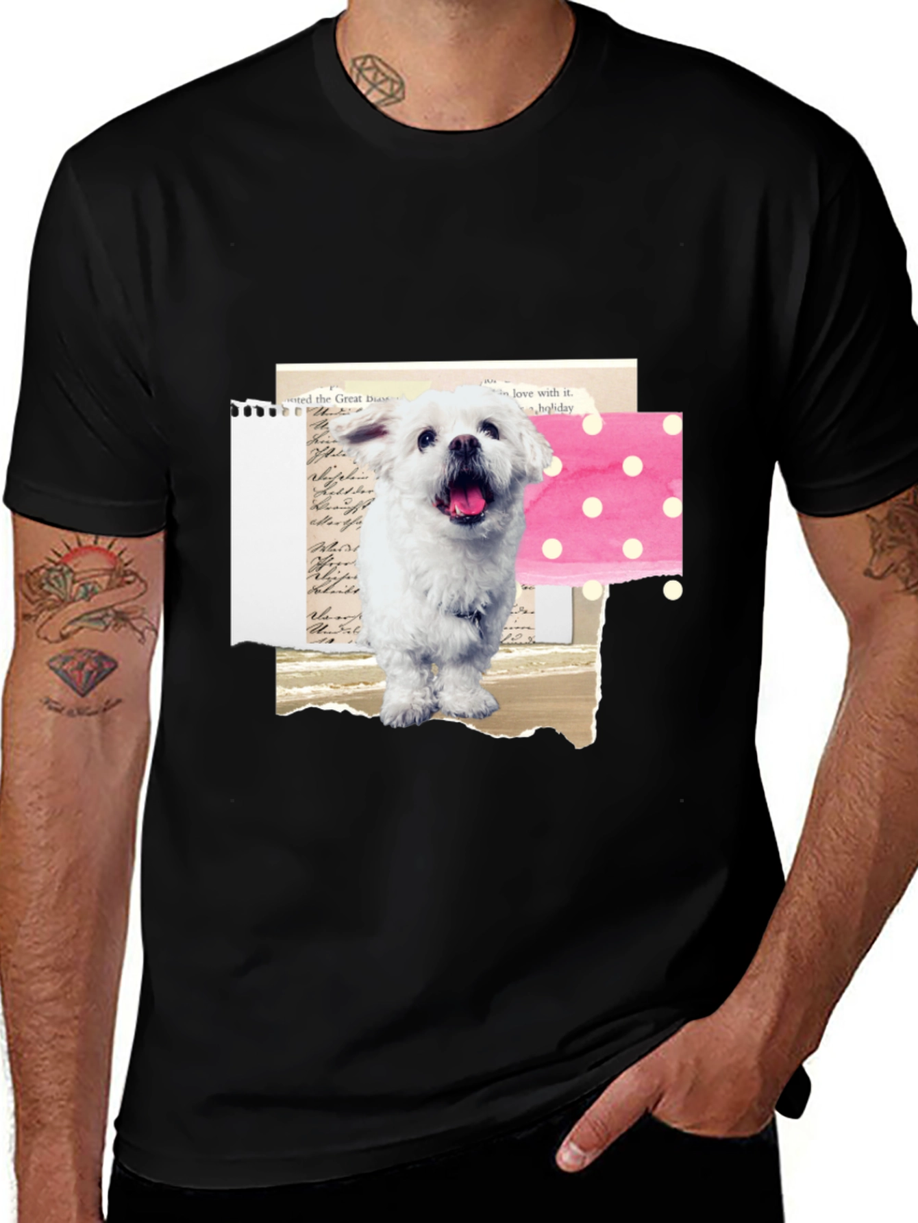 Cute Dog Collage Graphic Tee - Black Cotton T-Shirt
