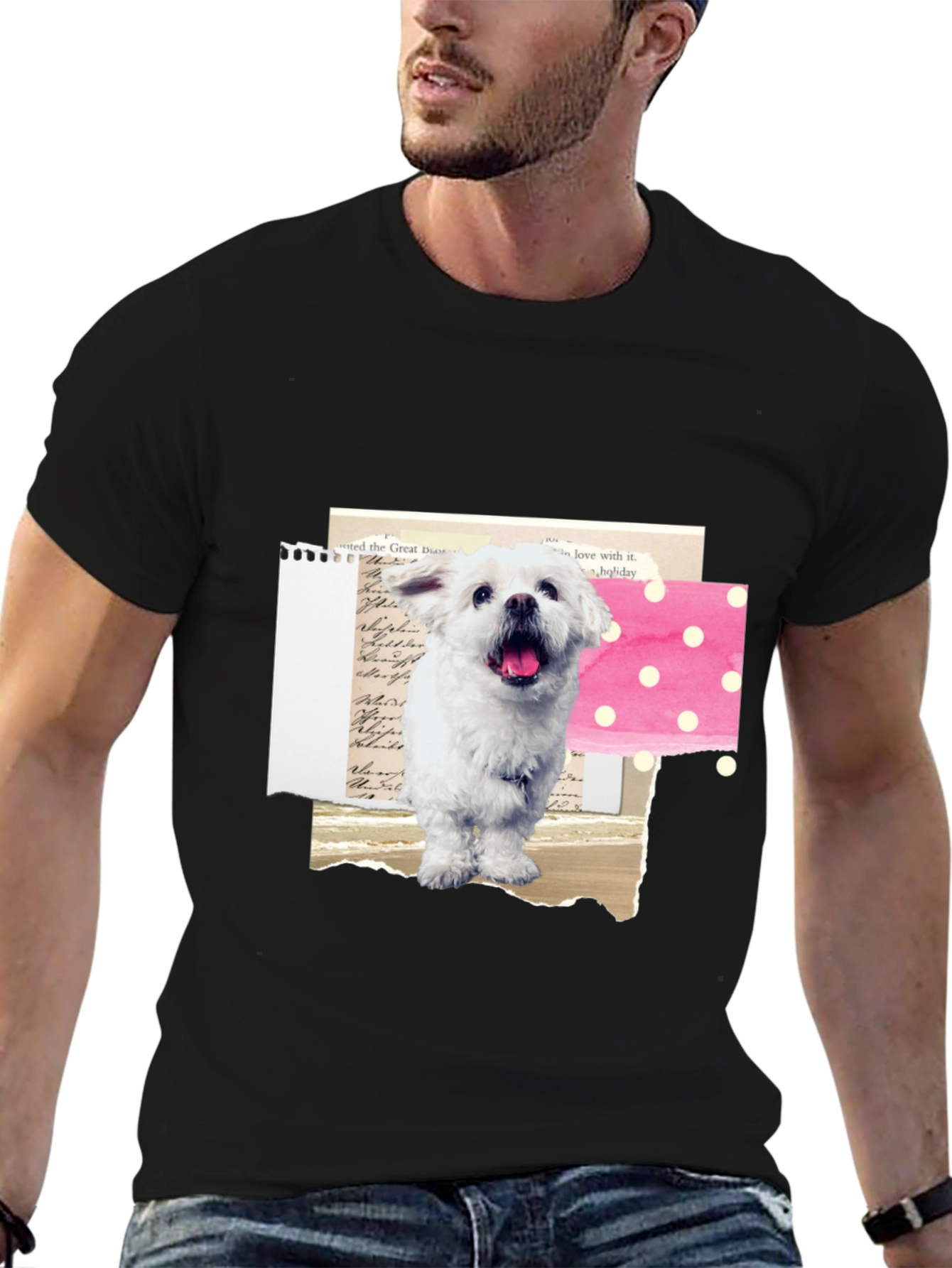 Cute Dog Collage Graphic Tee - Black Cotton T-Shirt