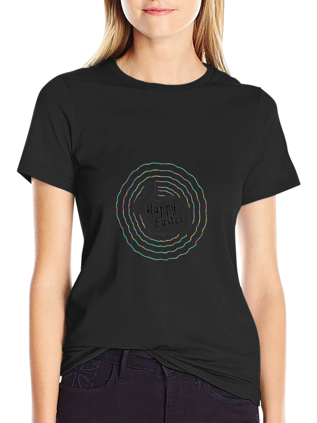Happy Easter Rabbit Graphic Tee - Black Casual Shirt