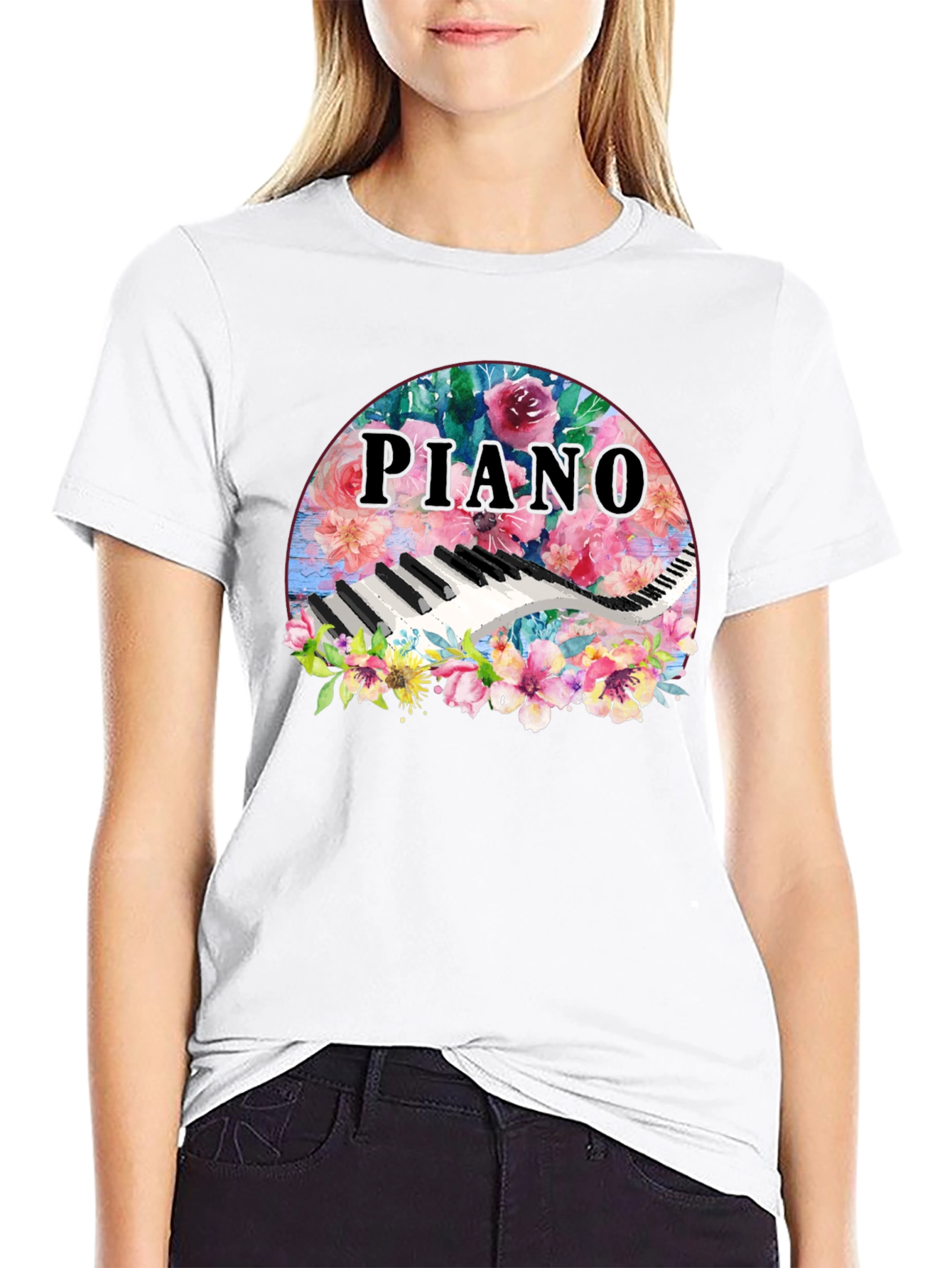 Floral Piano T-Shirt - Musical Harmony Fashion Tee