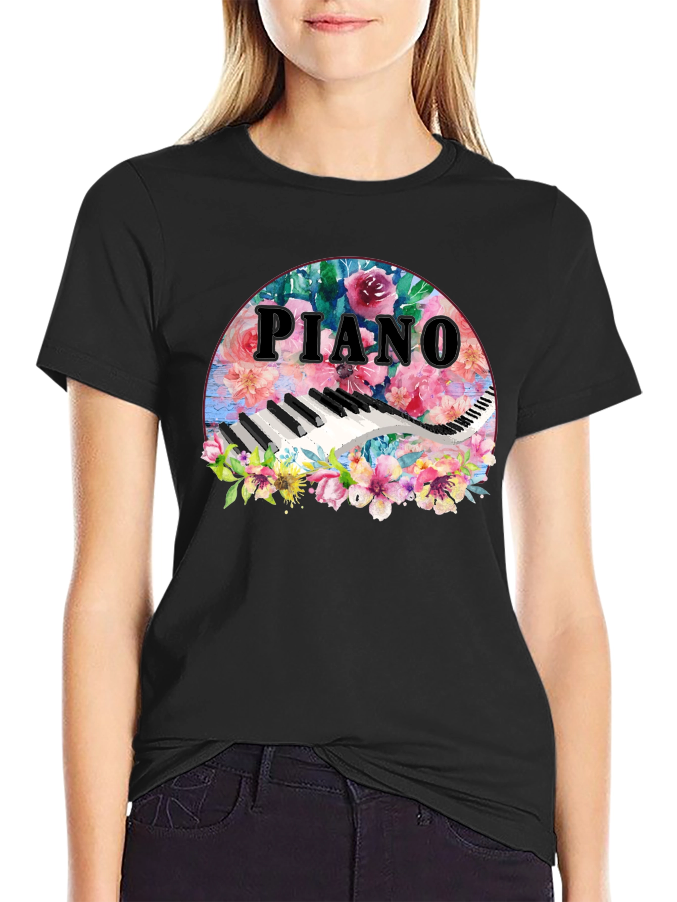 Floral Piano T-Shirt - Musical Harmony Fashion Tee