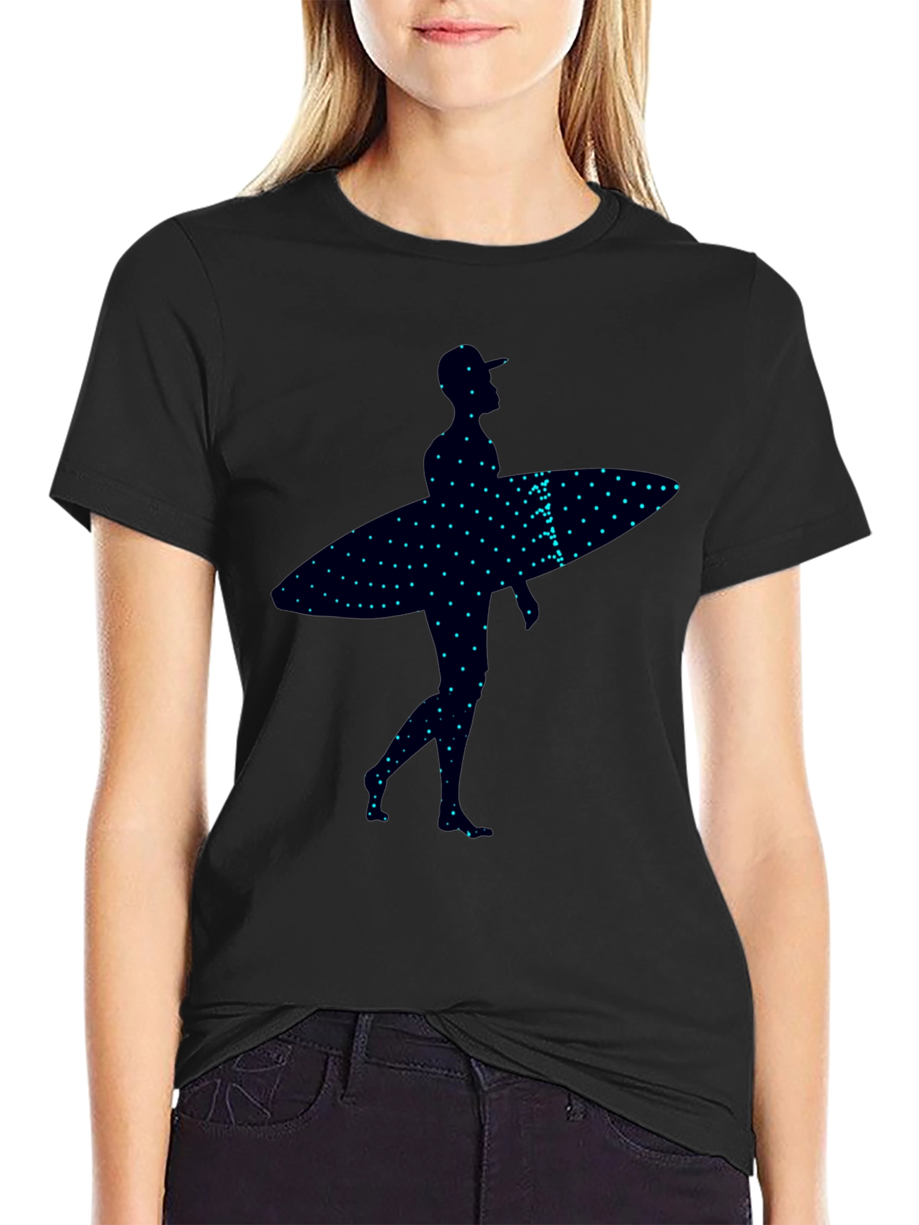 Surfer Silhouette Graphic Tee - Trendy Black T-Shirt