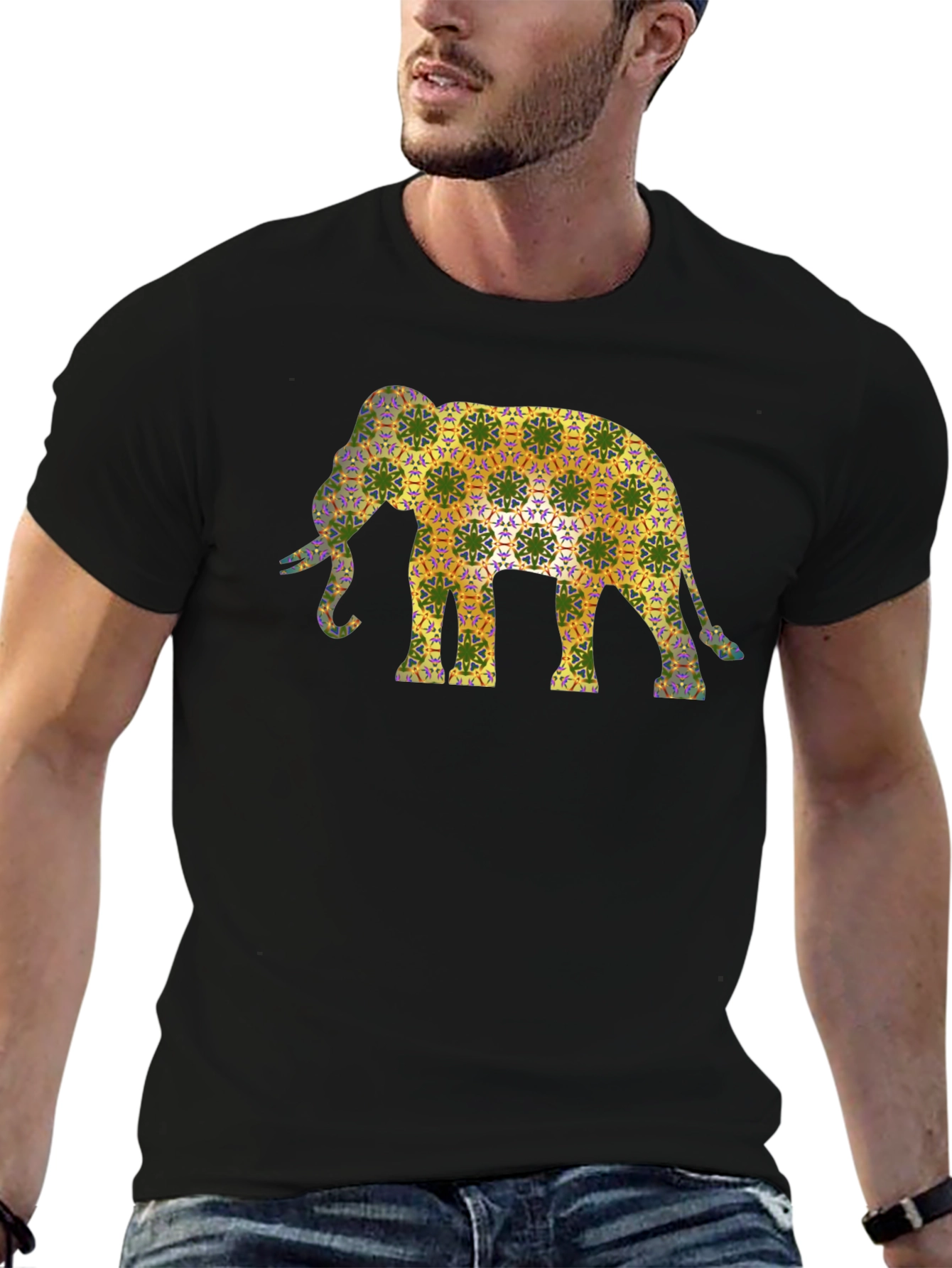 Elephant Pattern Mens Black T-Shirt