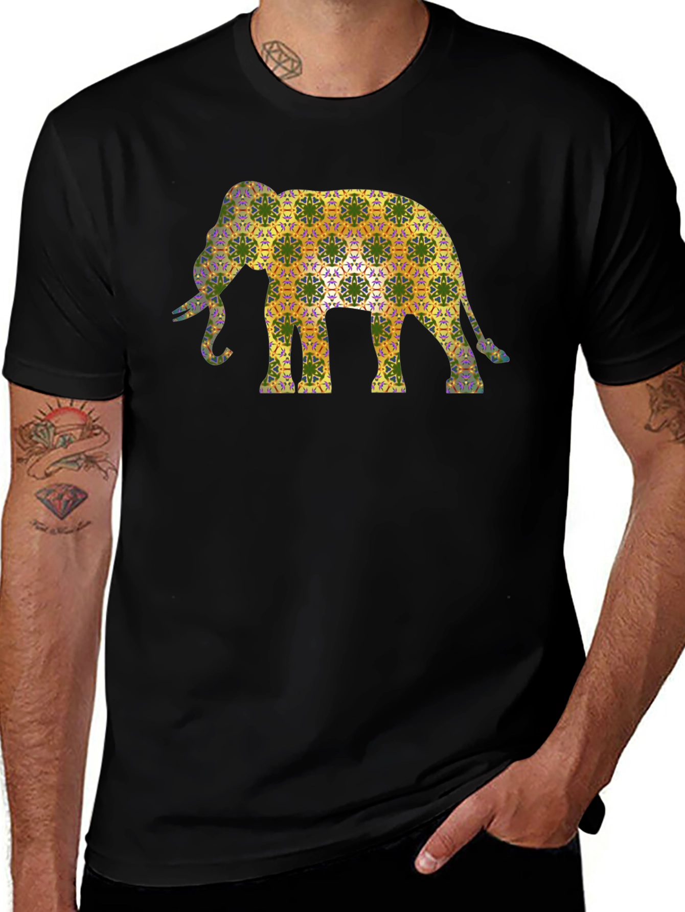 Elephant Pattern Mens Black T-Shirt