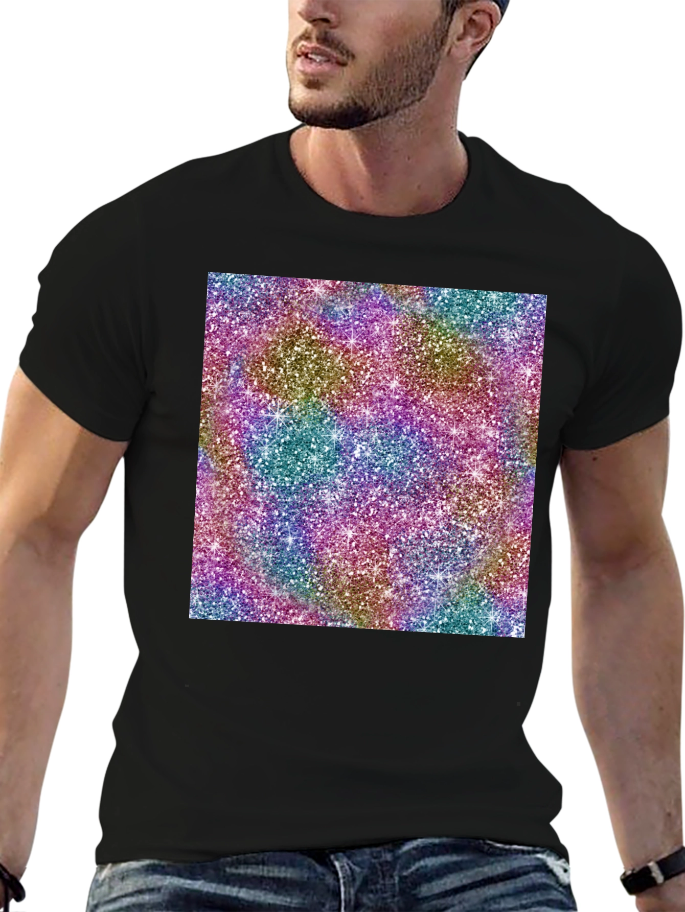 Mens Black T-Shirt with Glitter Pattern