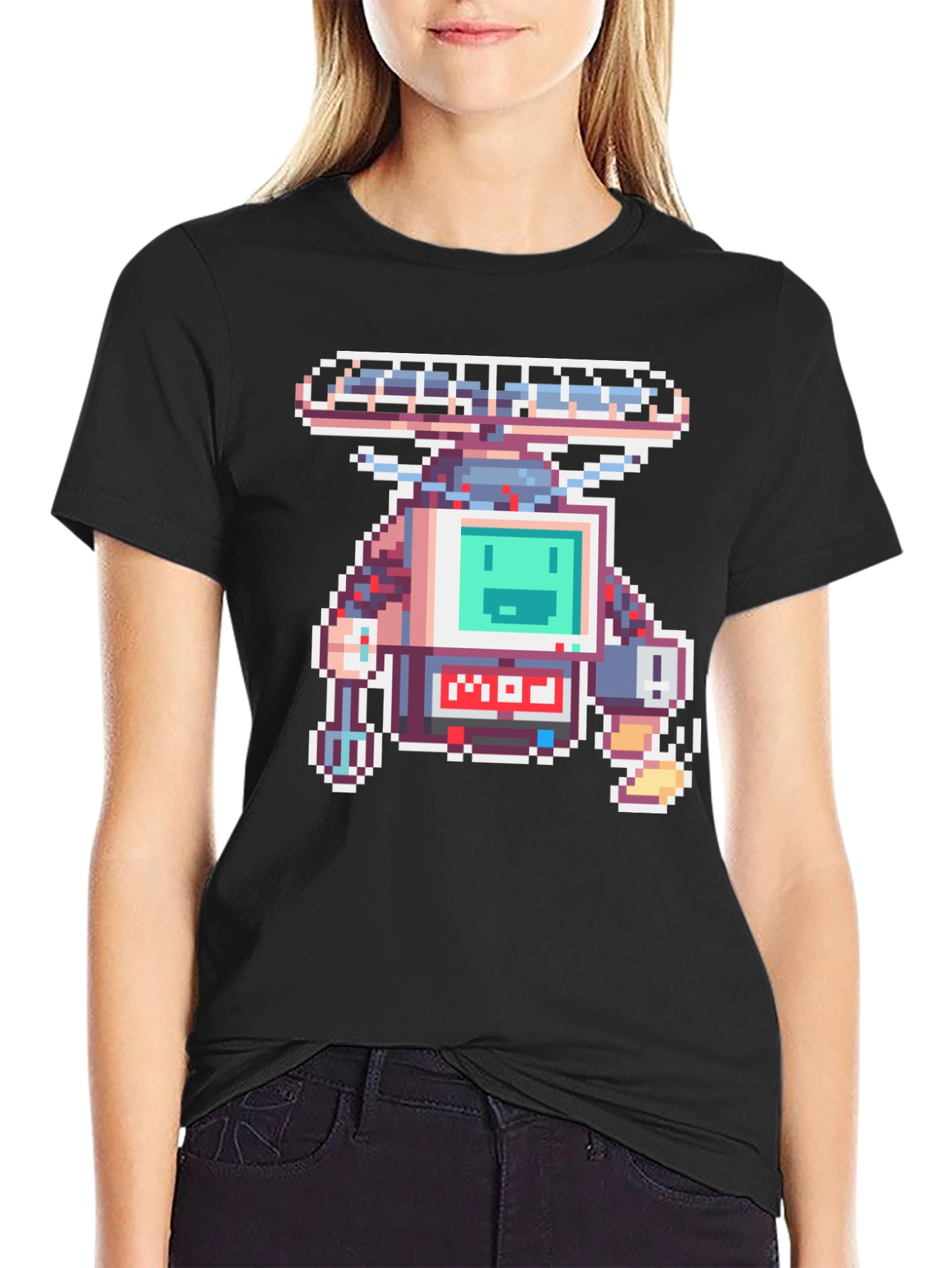 Pixel Art Robot Graphic Black T-Shirt