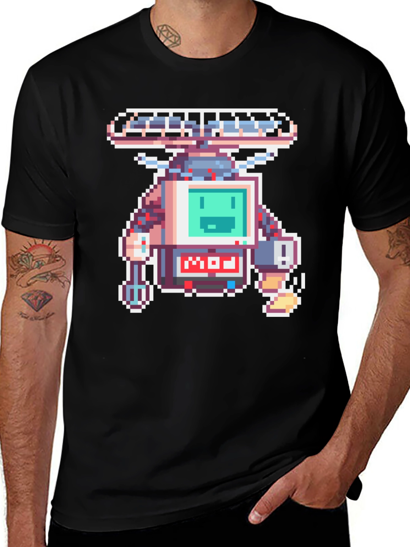 Pixel Art Robot Graphic Black T-Shirt