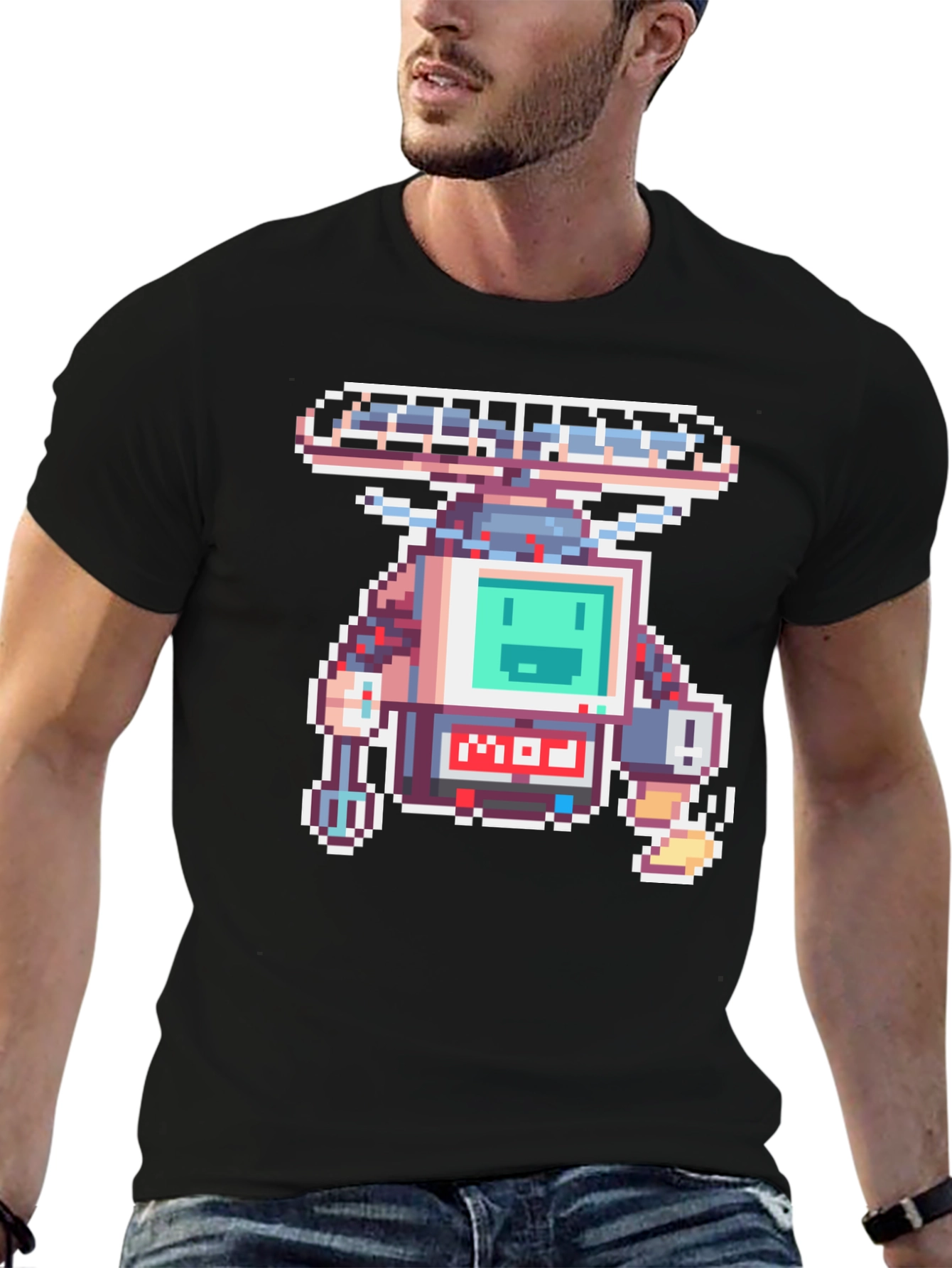 Pixel Art Robot Graphic Black T-Shirt