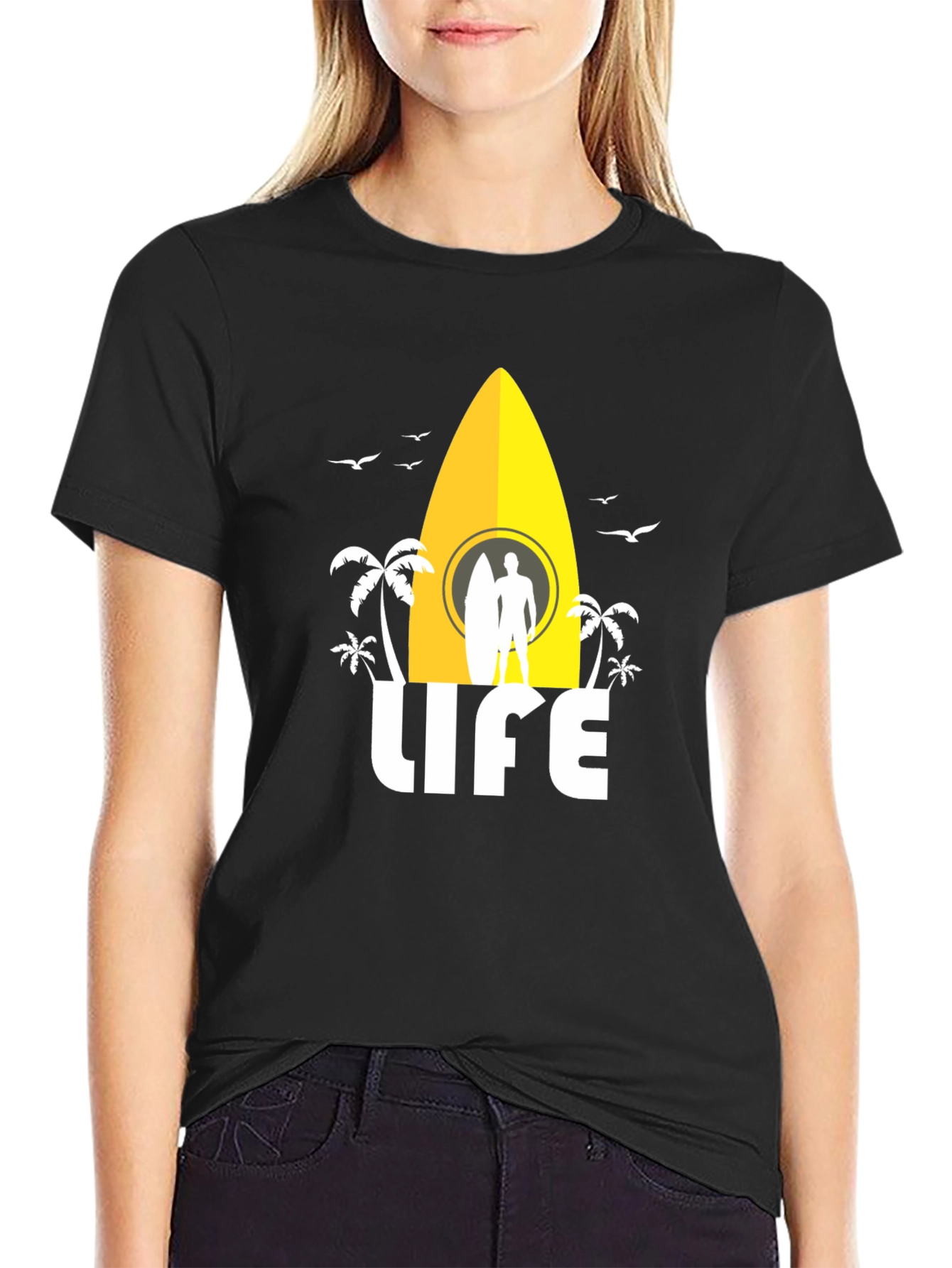 Surfing Life Graphic Tee - Black Cotton T-Shirt