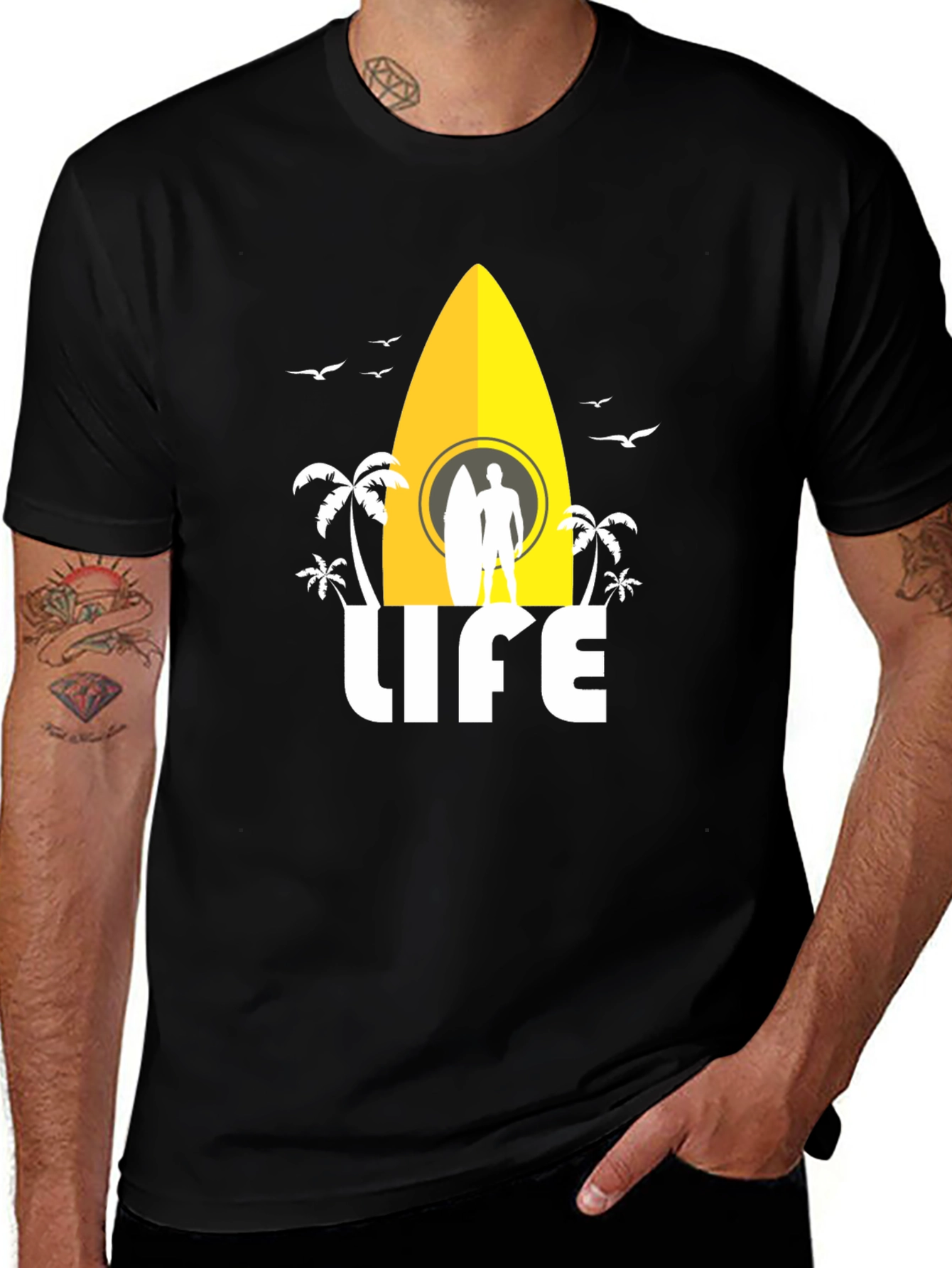 Surfing Life Graphic Tee - Black Cotton T-Shirt