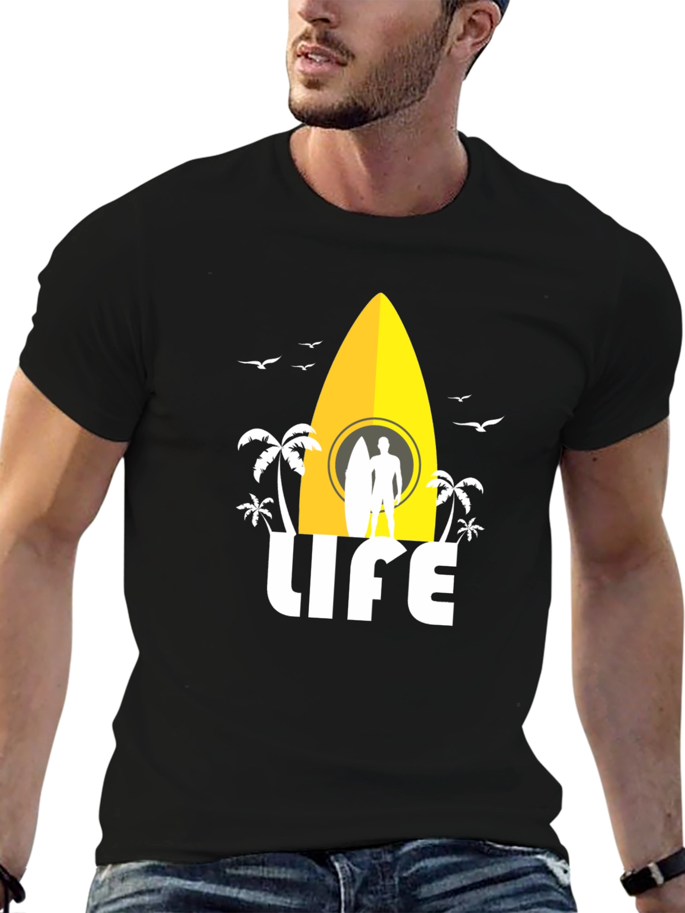 Surfing Life Graphic Tee - Black Cotton T-Shirt