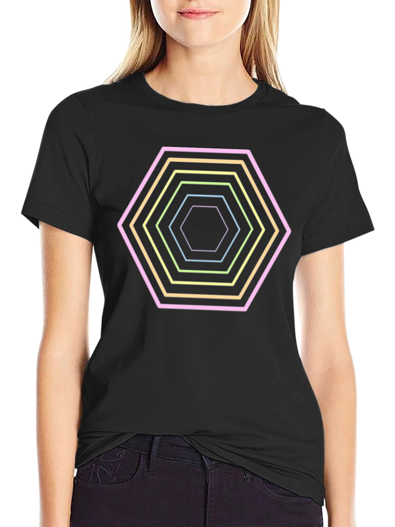 Hexagon Neon Graphic Print Black T-Shirt