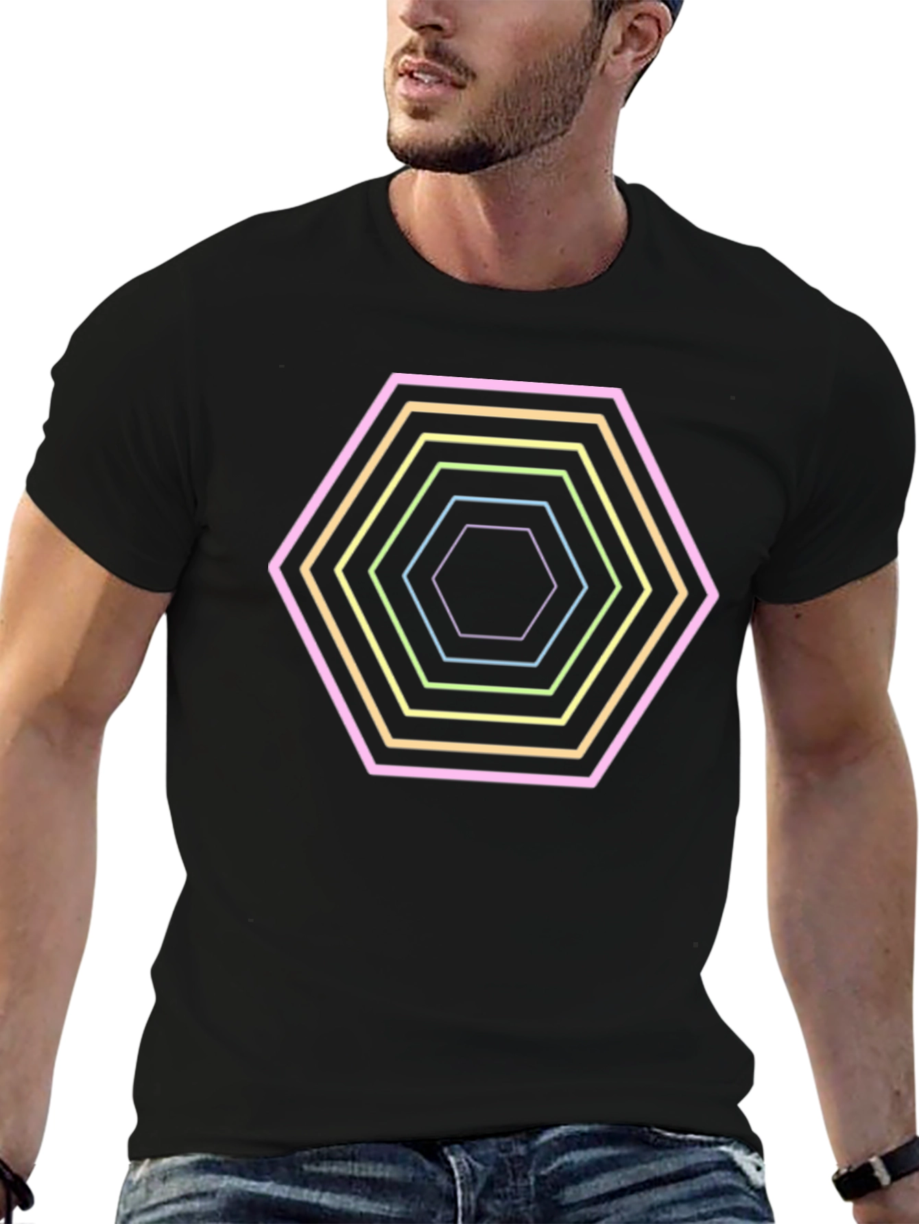 Hexagon Neon Graphic Print Black T-Shirt