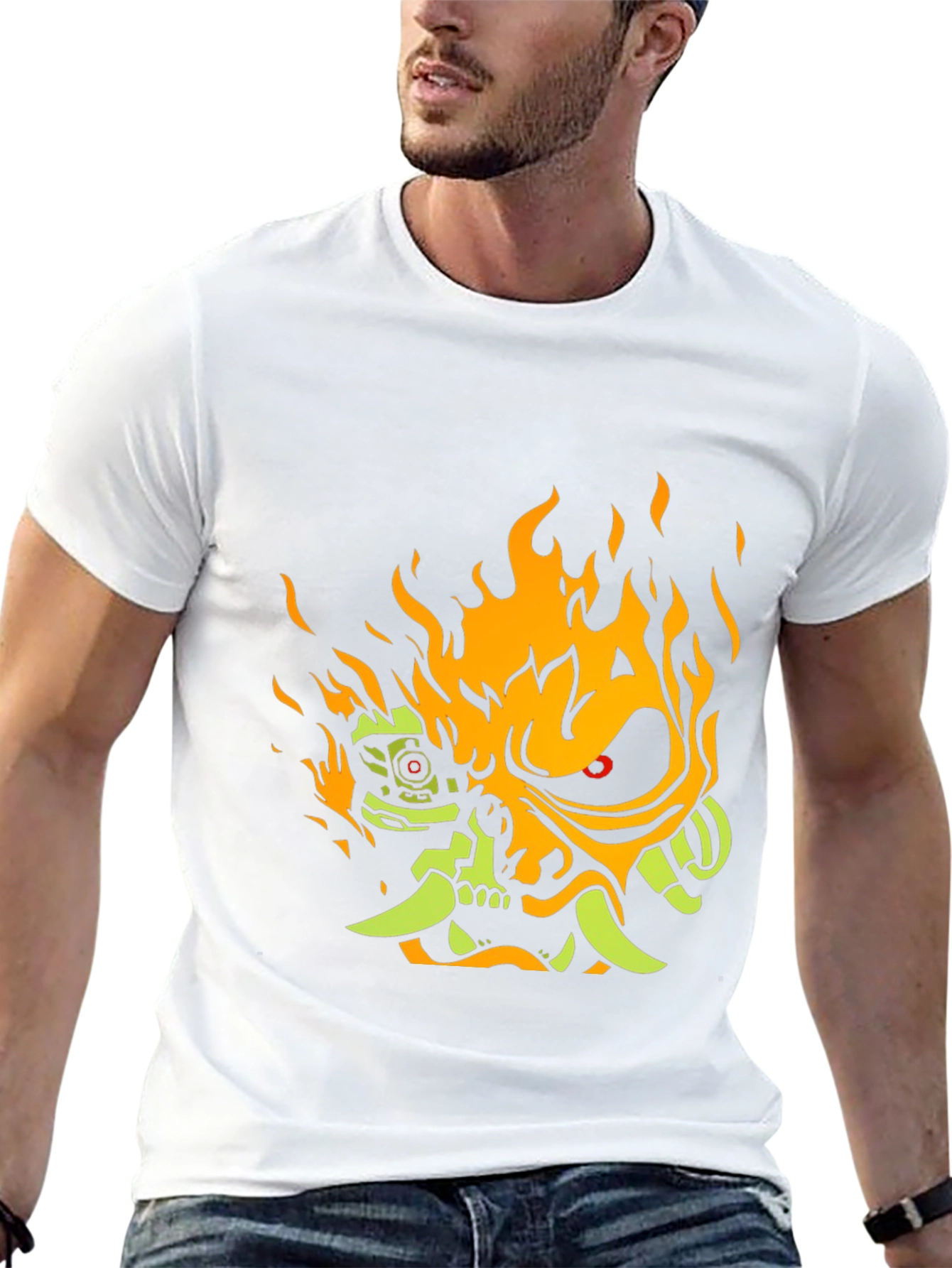 Cyberpunk Samurai Graphic Tee - Flaming Oni Design