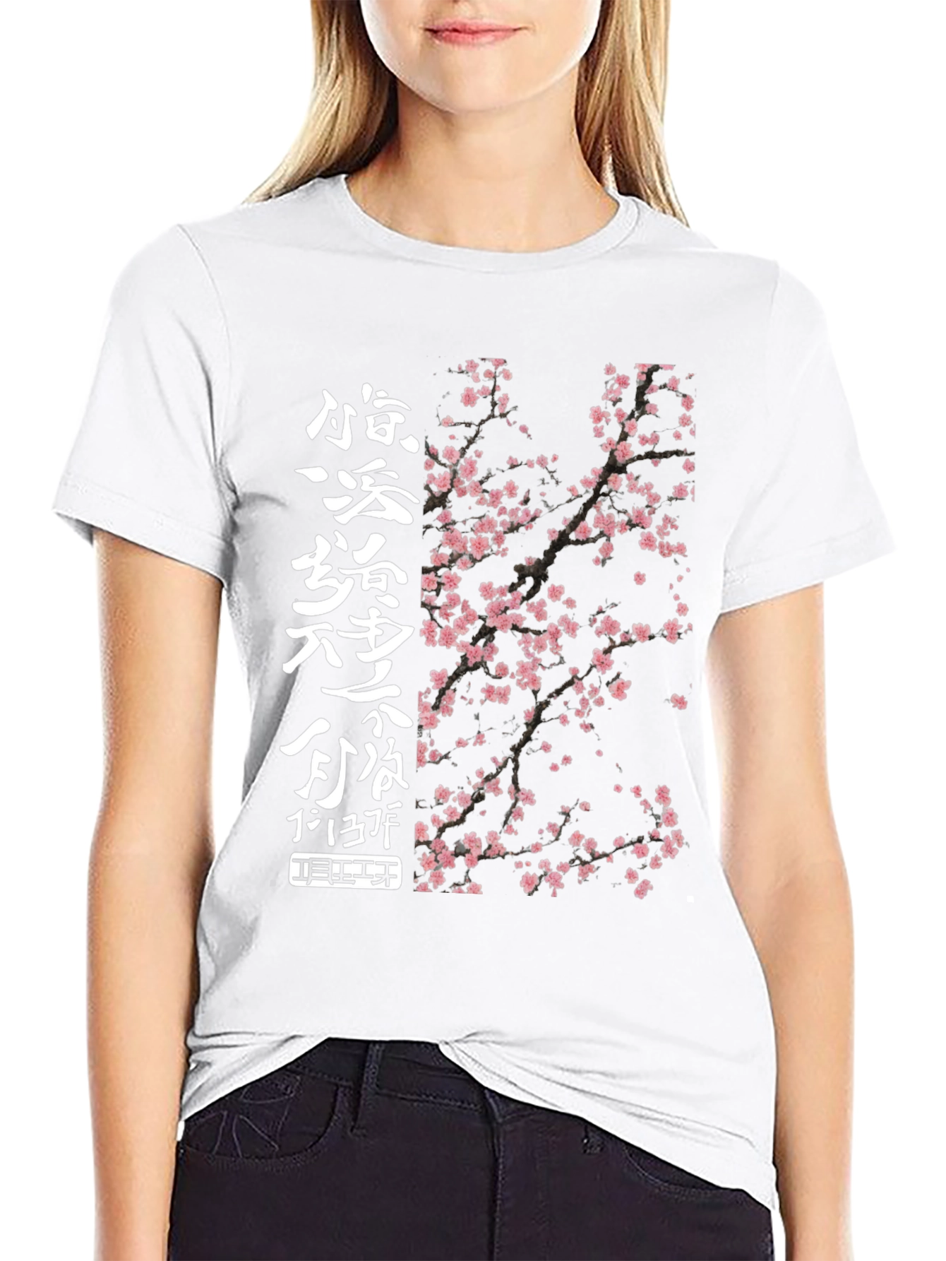 Black T-Shirt with Cherry Blossom Design
