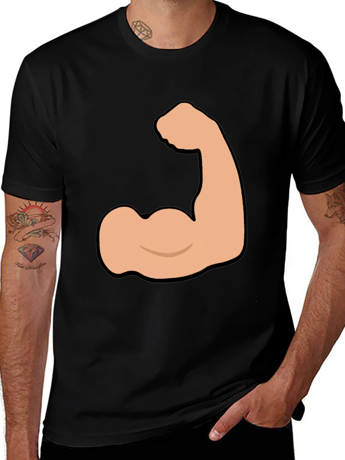 Funny Flexing Muscle Graphic Tee - Black Cotton T-Shirt