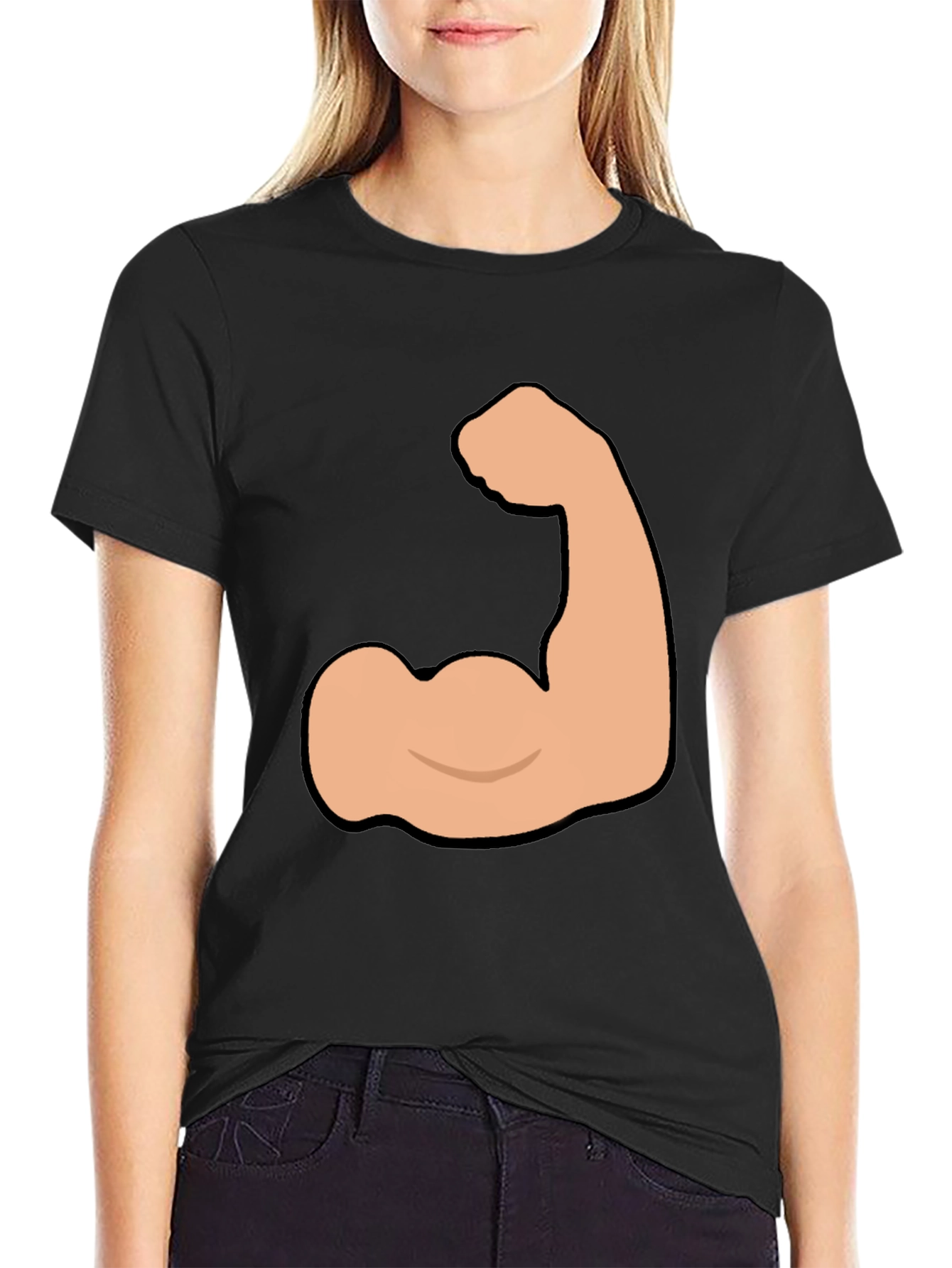 Funny Flexing Muscle Graphic Tee - Black Cotton T-Shirt