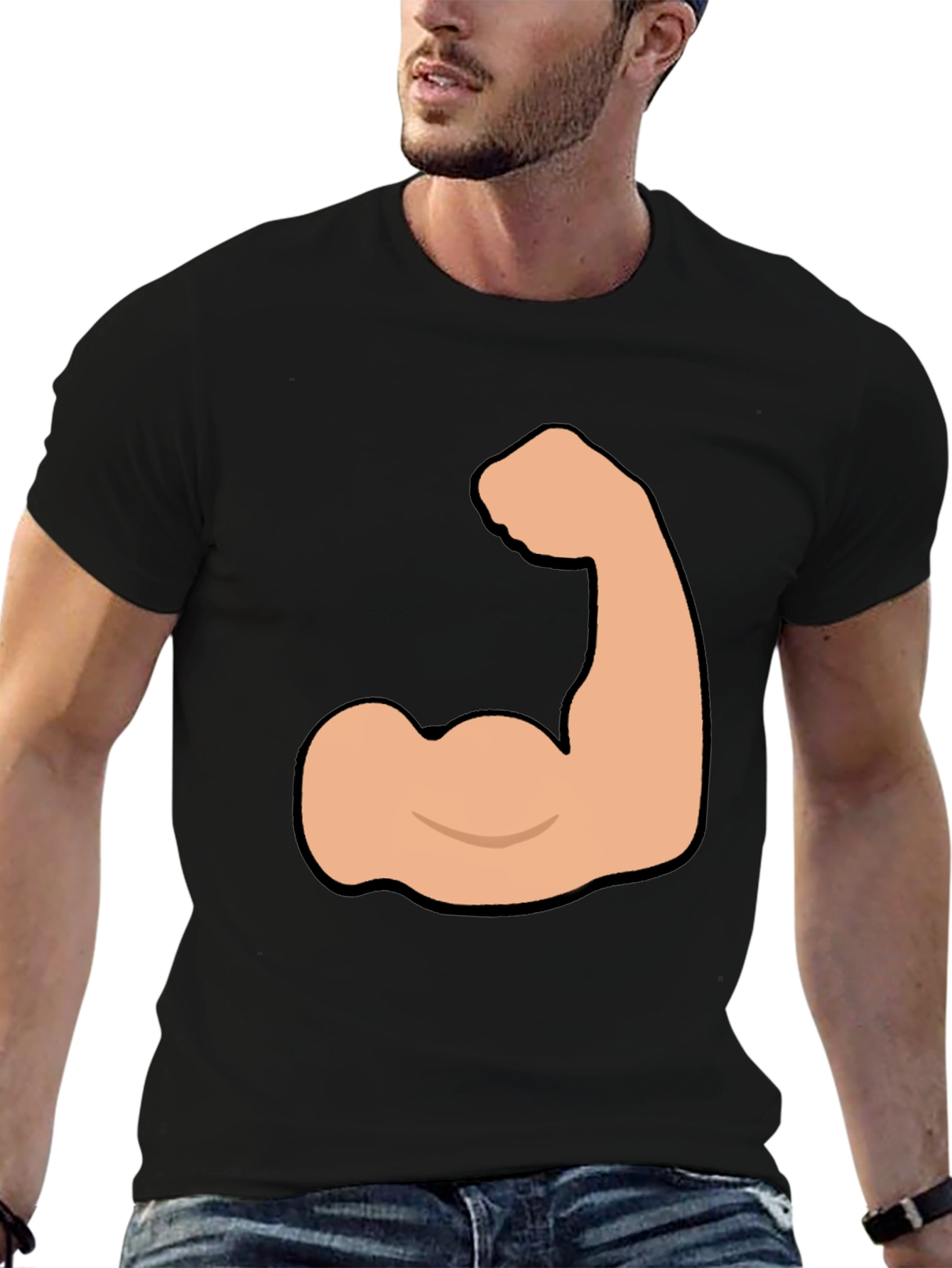 Funny Flexing Muscle Graphic Tee - Black Cotton T-Shirt