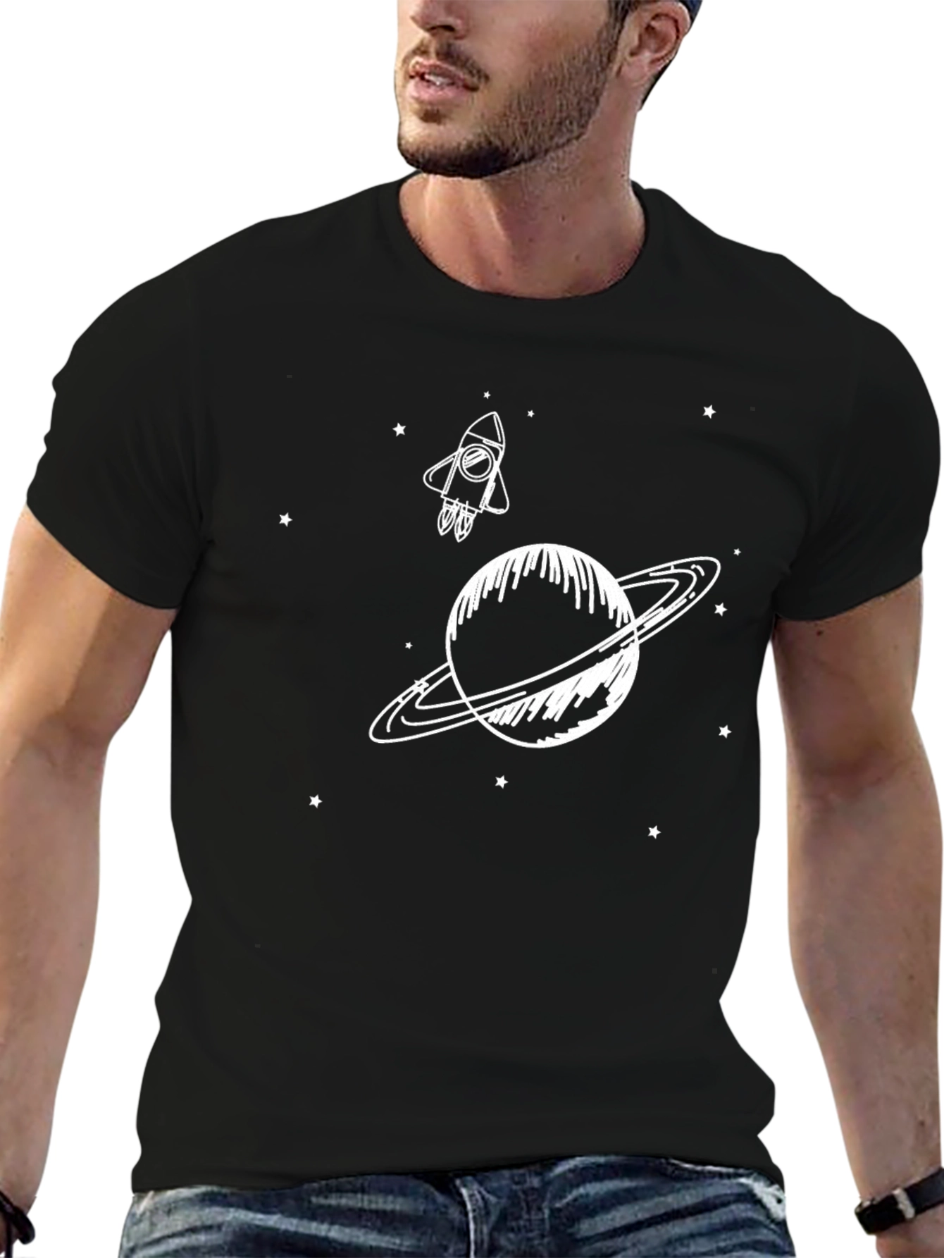 Space Rocket & Planet Graphic Tee - Black