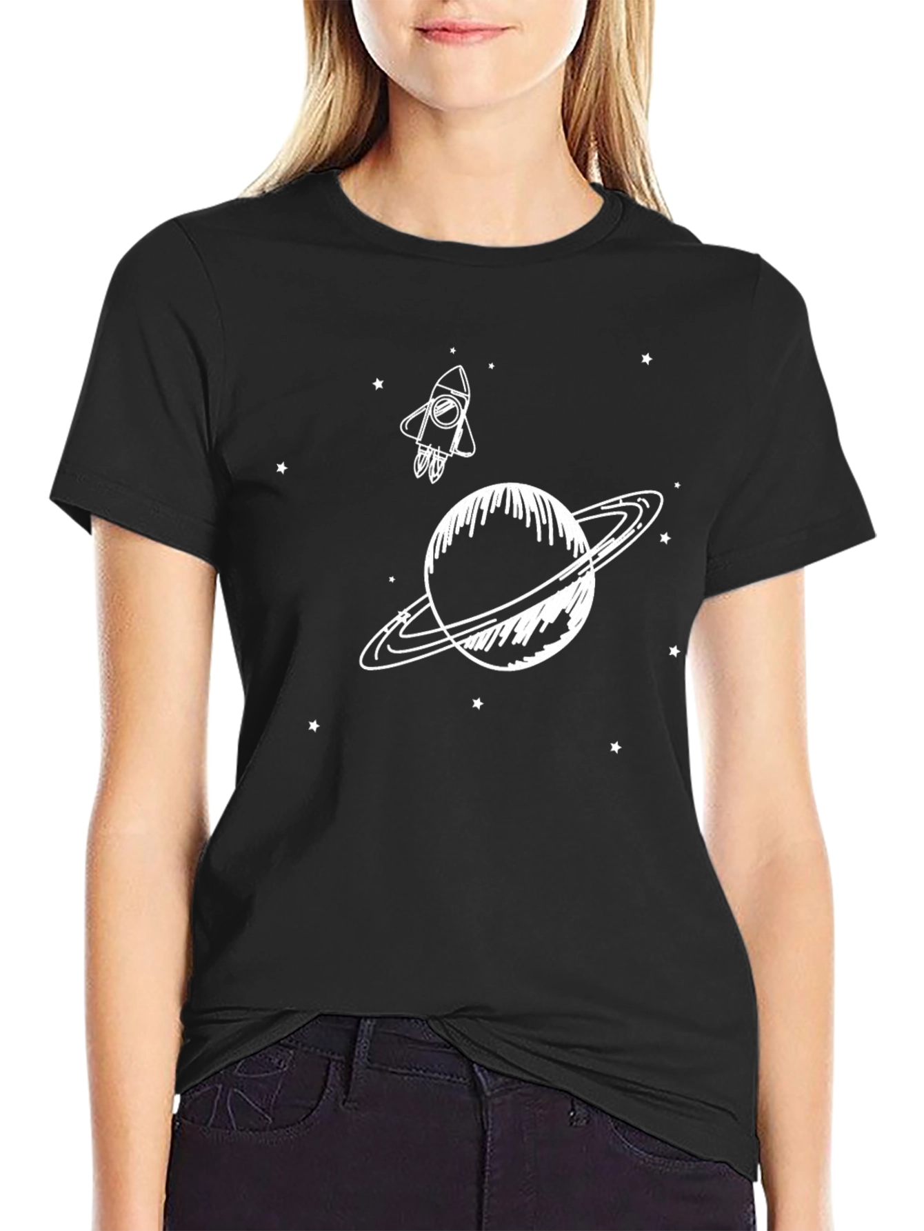 Space Rocket & Planet Graphic Tee - Black