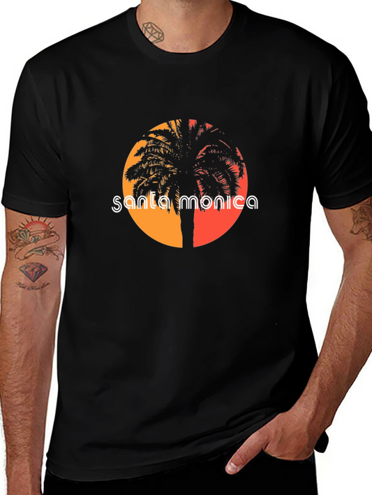 Santa Monica Palm Tree Graphic Tee - Retro Sunset Design