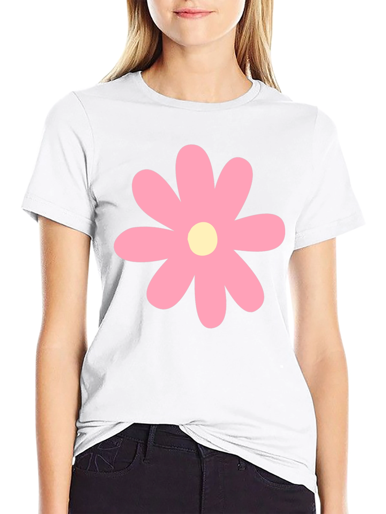 Pink Flower Graphic Print Black T-Shirt