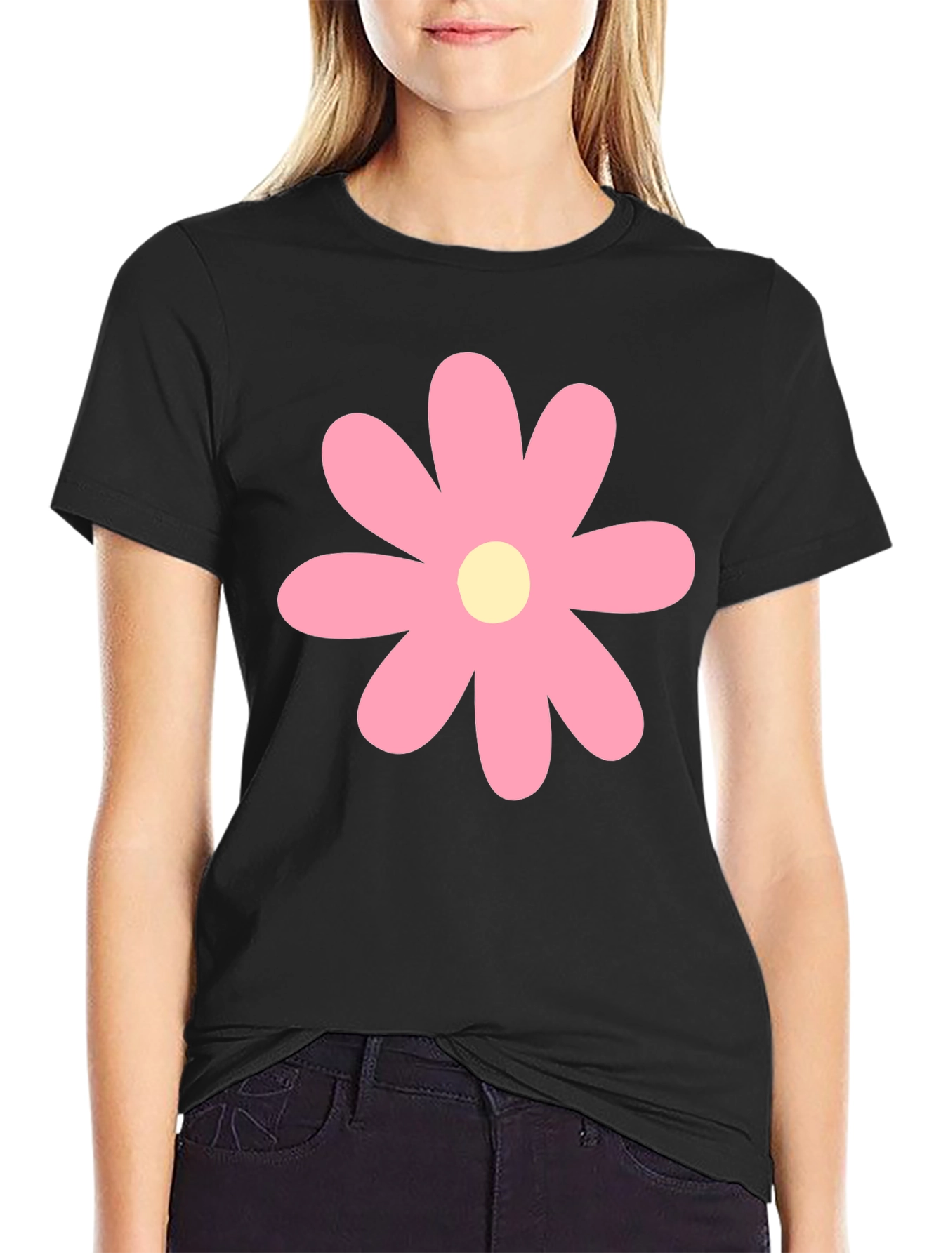 Pink Flower Graphic Print Black T-Shirt