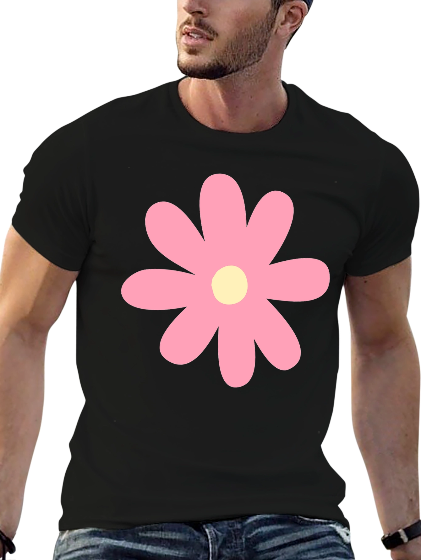 Pink Flower Graphic Print Black T-Shirt