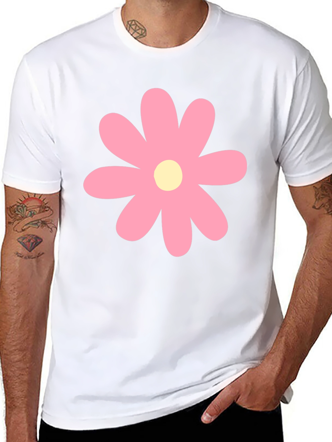 Pink Flower Graphic Print Black T-Shirt
