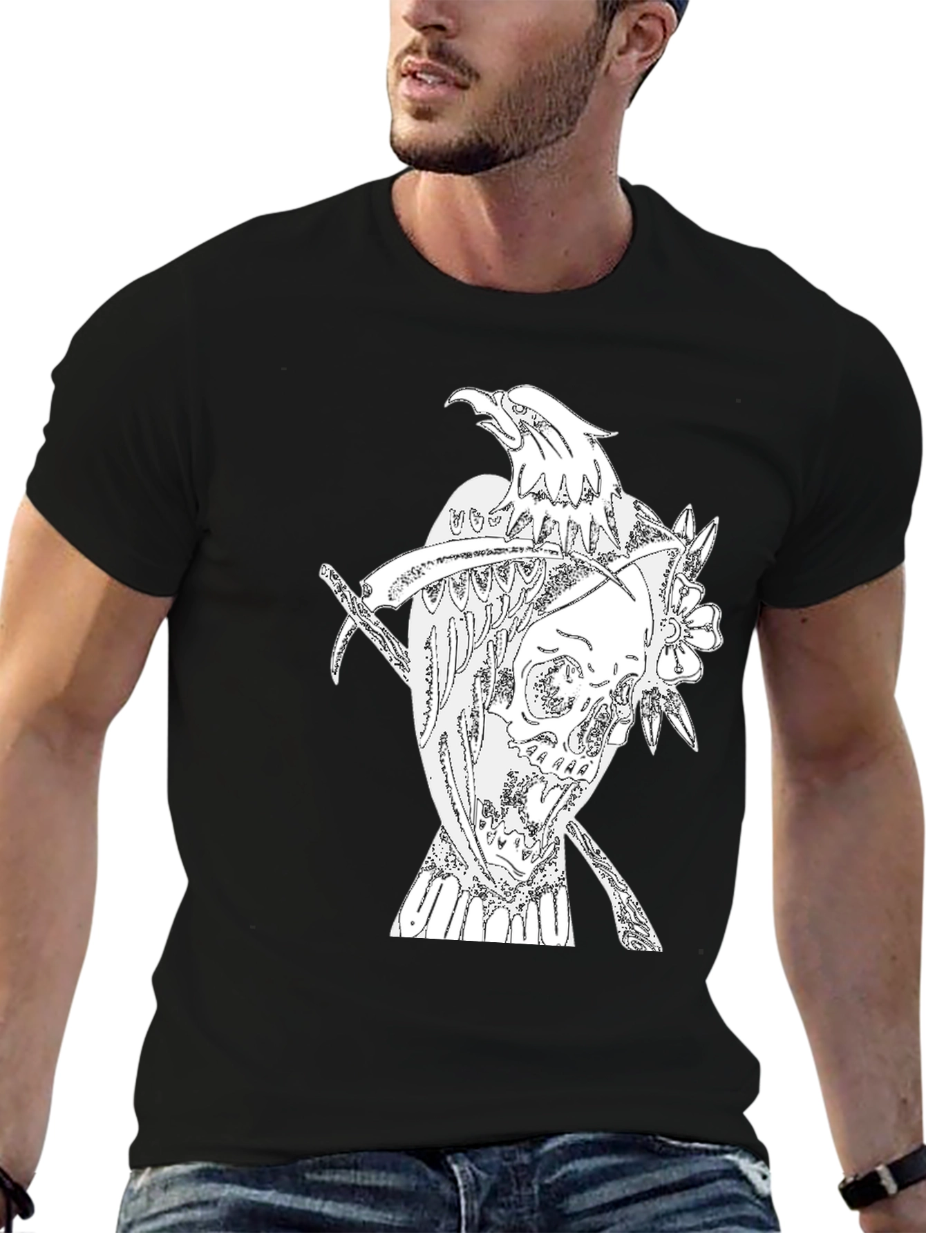 Black T-Shirt with Eagle Skull Graphic