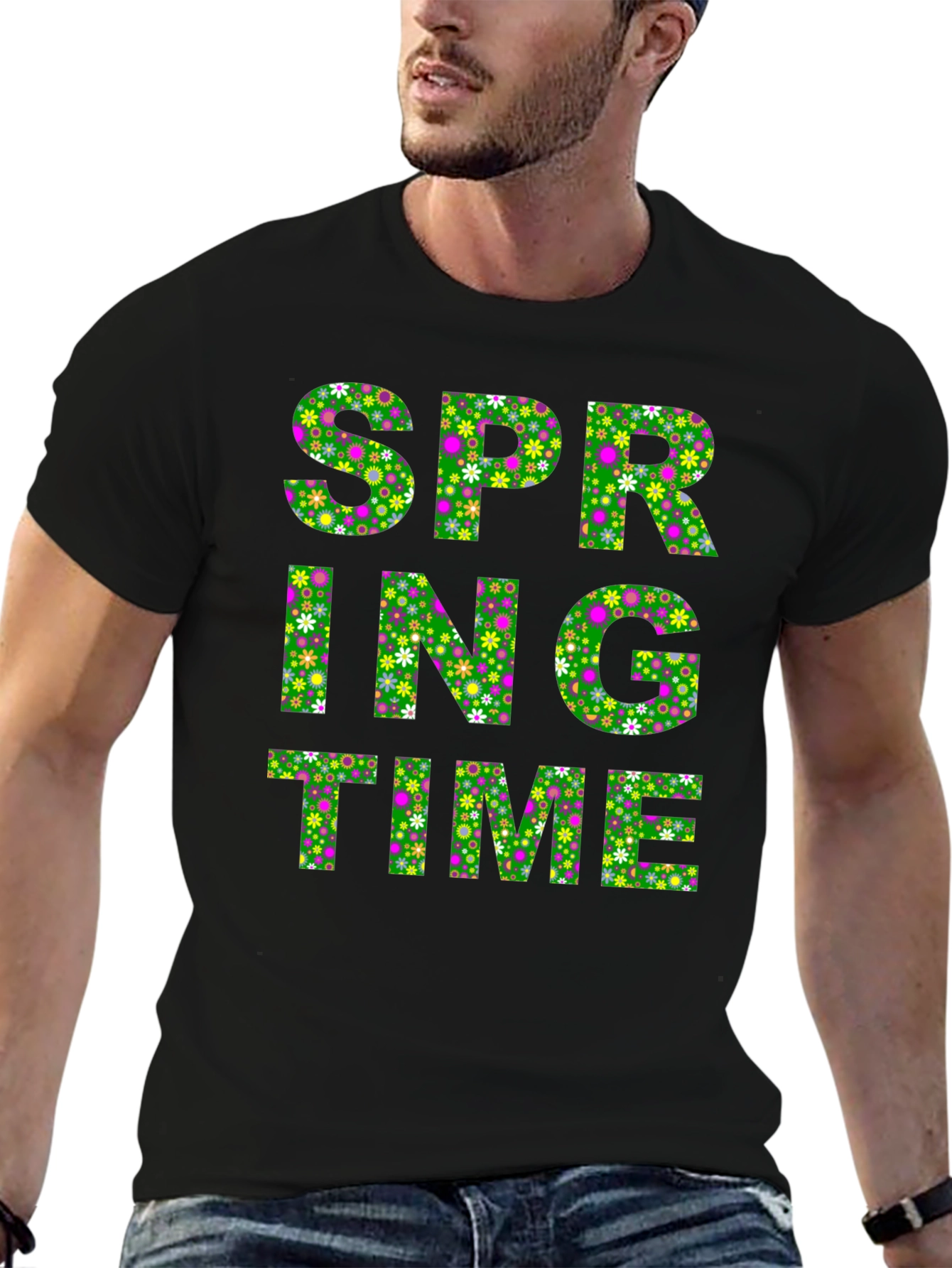 Spring Time Floral Print Mens Black T-Shirt