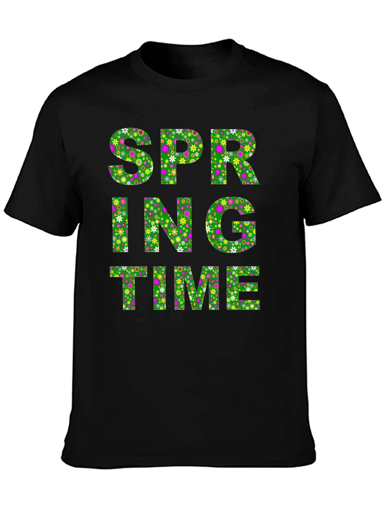 Spring Time Floral Print Mens Black T-Shirt